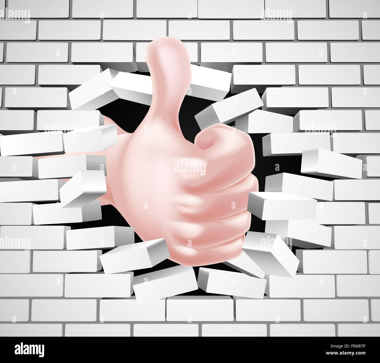 Conceptual illustration of a hand giving a thumbs up breaking through a brick wall Stock Photo