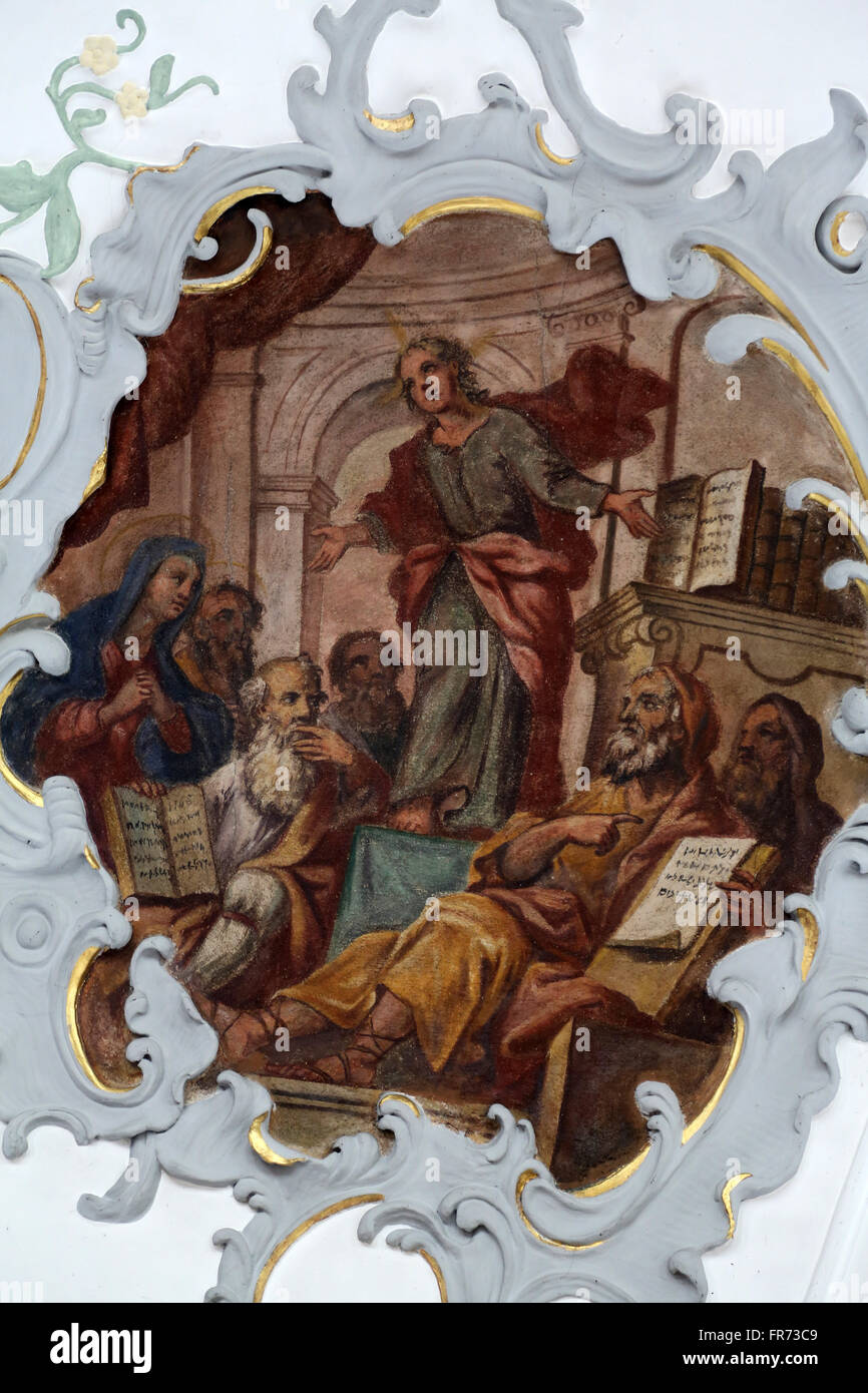 Jesus in temple, fresco on the ceiling of the Church of Our Lady of Sorrows in Rosenberg, Germany Stock Photo