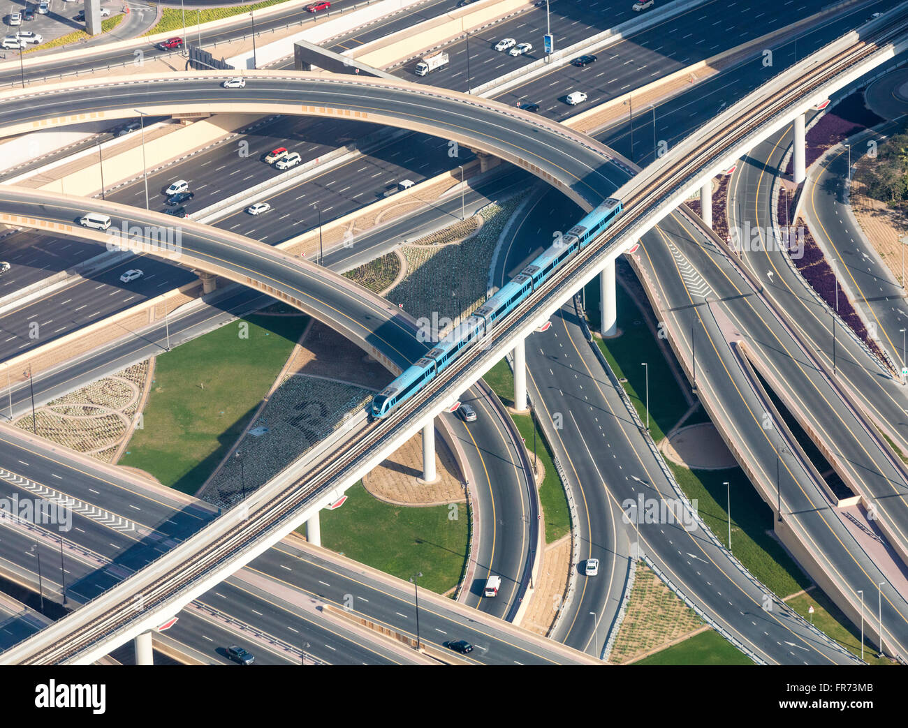 Highways, ramps, and urban railway in Dubai, UAE. Photographed from Burj Khalifa observation deck. Stock Photo