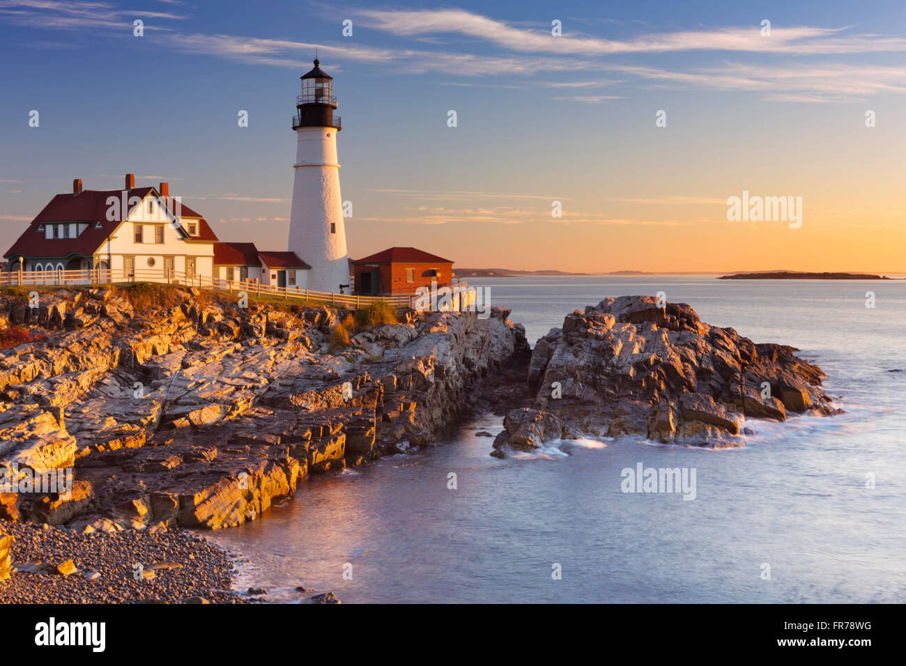 The Portland Head Lighthouse in Cape Elizabeth, Maine, USA. Photographed at sunrise. Stock Photo