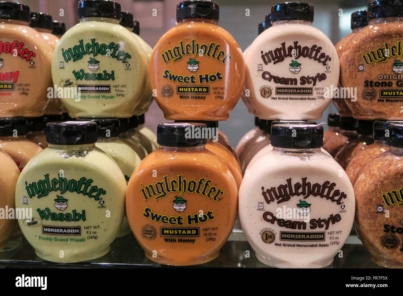 Inglehoffer Mustard Bottles, Grand Central Market, NYC Stock Photo