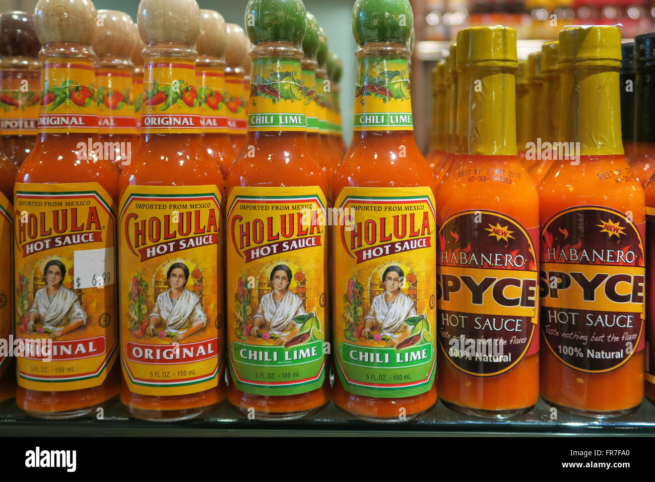 Hot Sauce Bottles, Grand Central Market, NYC Stock Photo