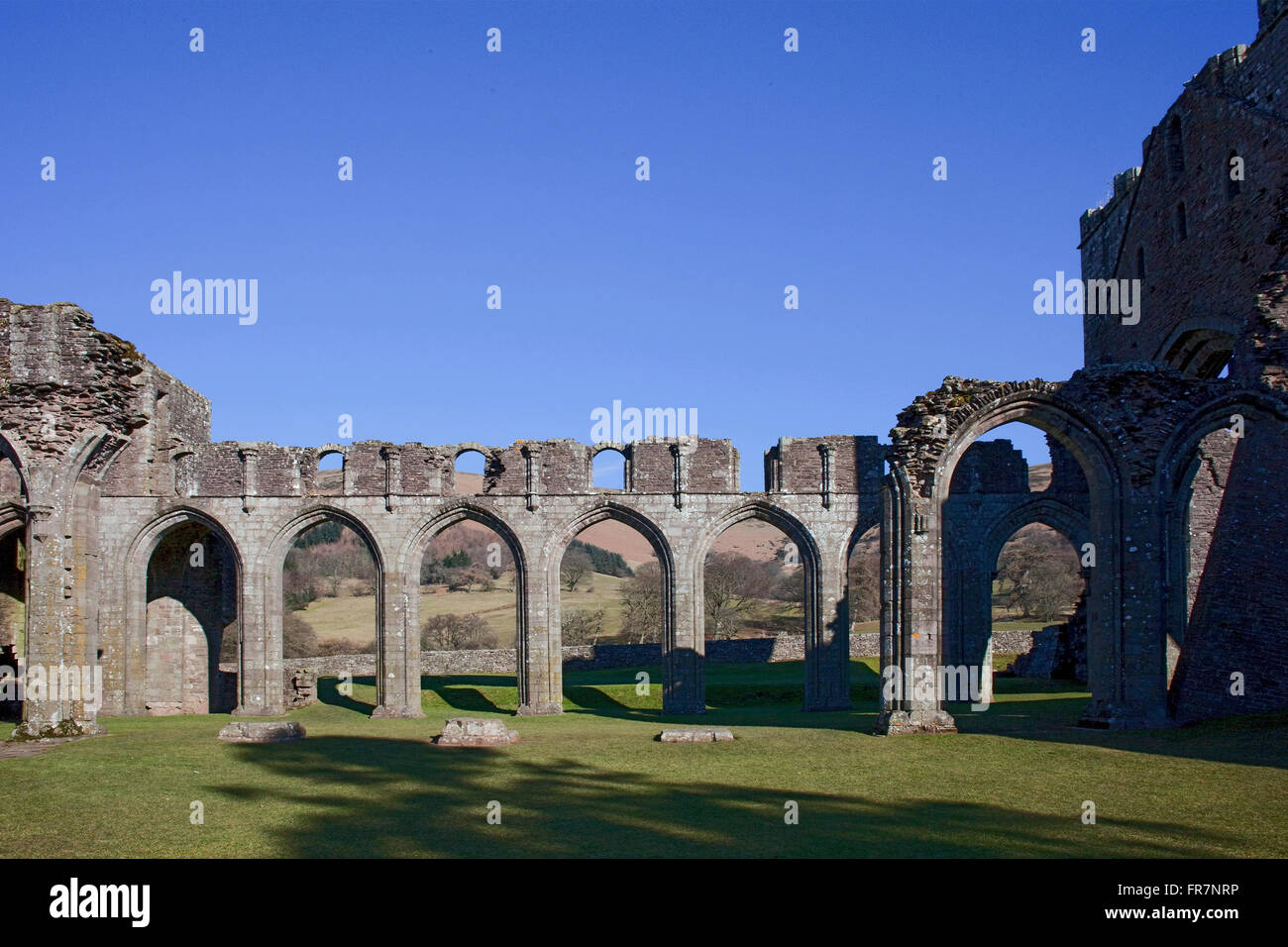 Looking north from the ruins of the Augustinian Llanthony Abbey or Priory, in the Black Mountains of Wales, Stock Photo
