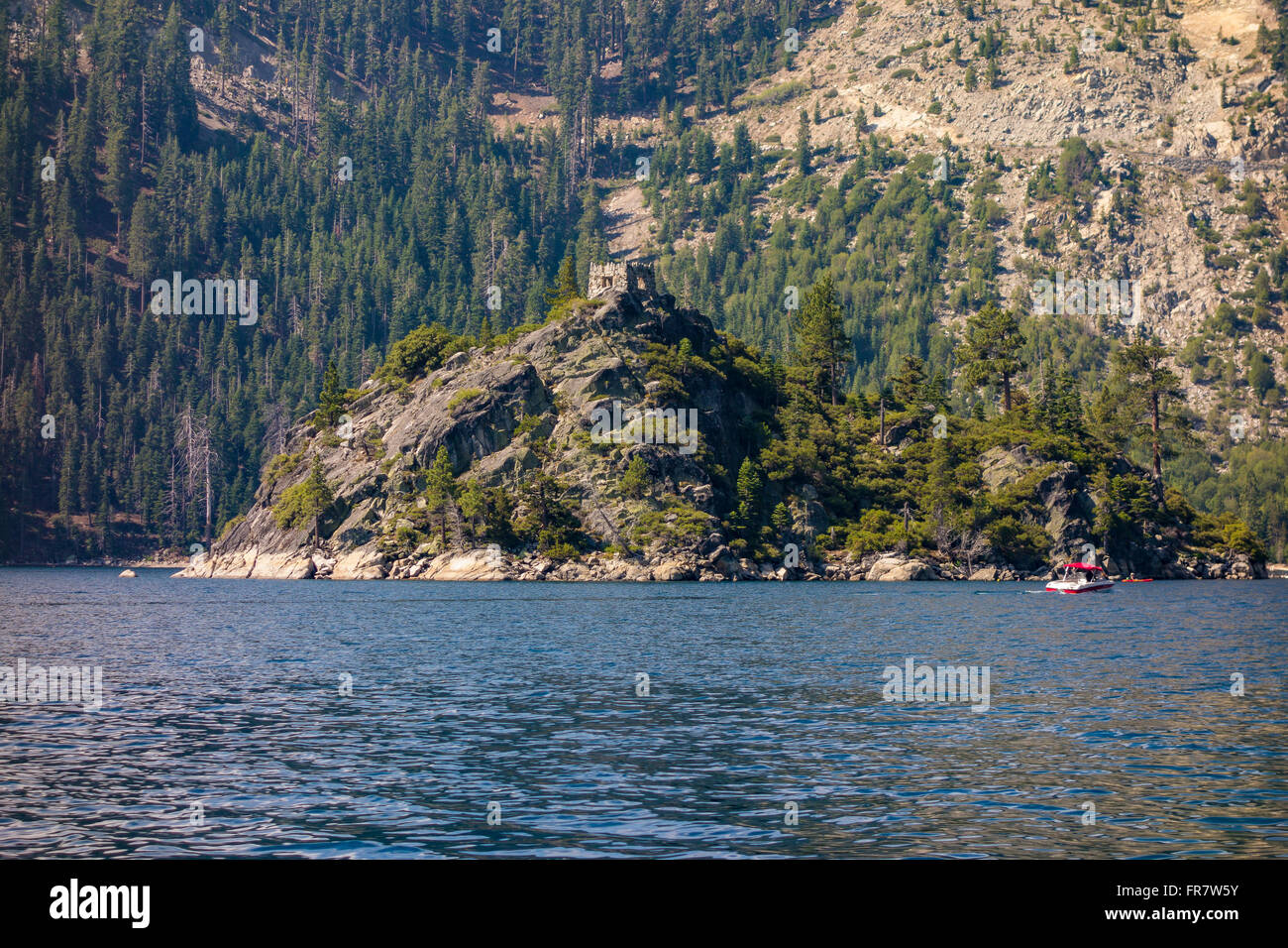 LAKE TAHOE, CALIFORNIA, USA Emerald Bay. Old stone tea house is