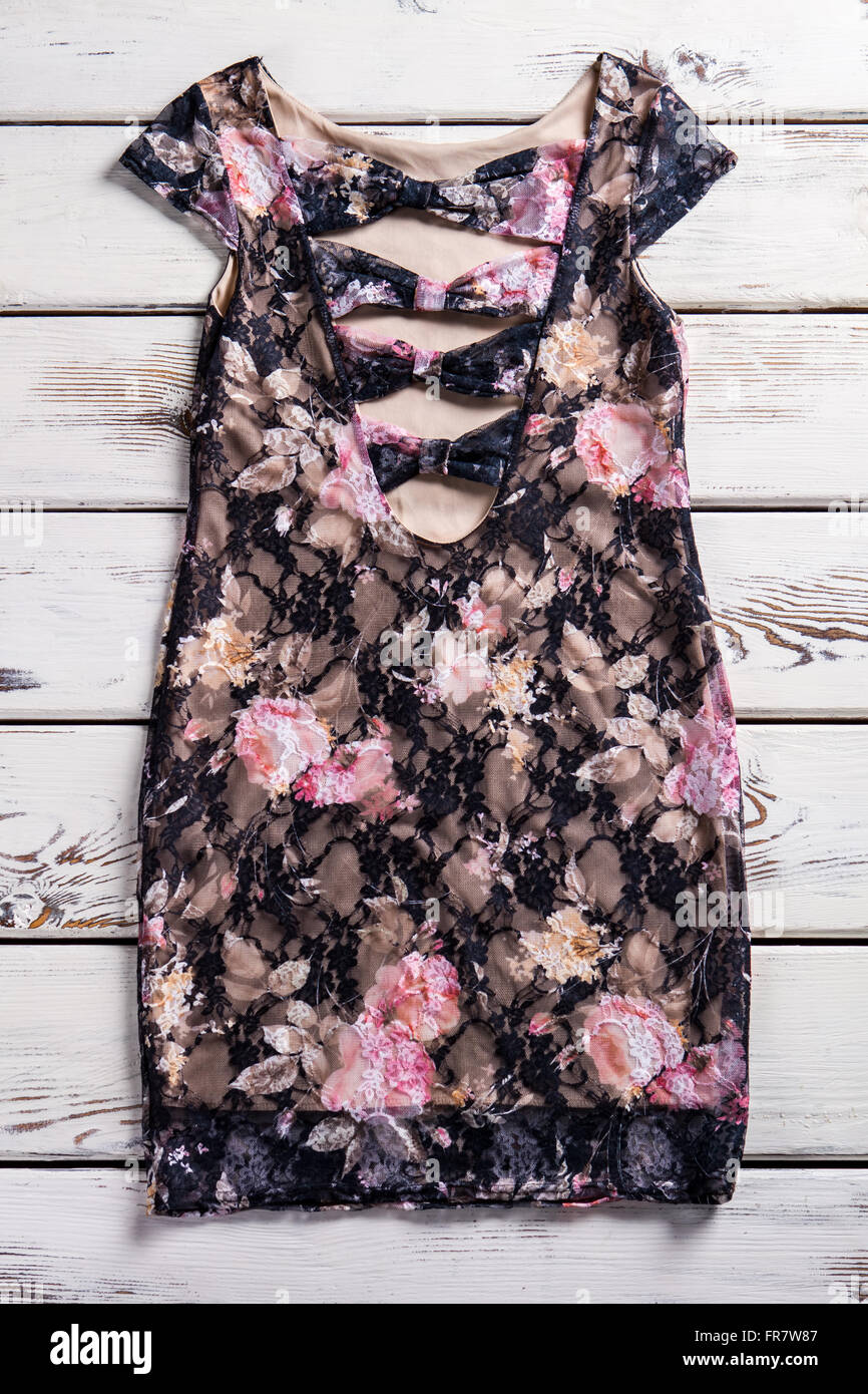 Floral dress with deep neckline. Stock Photo