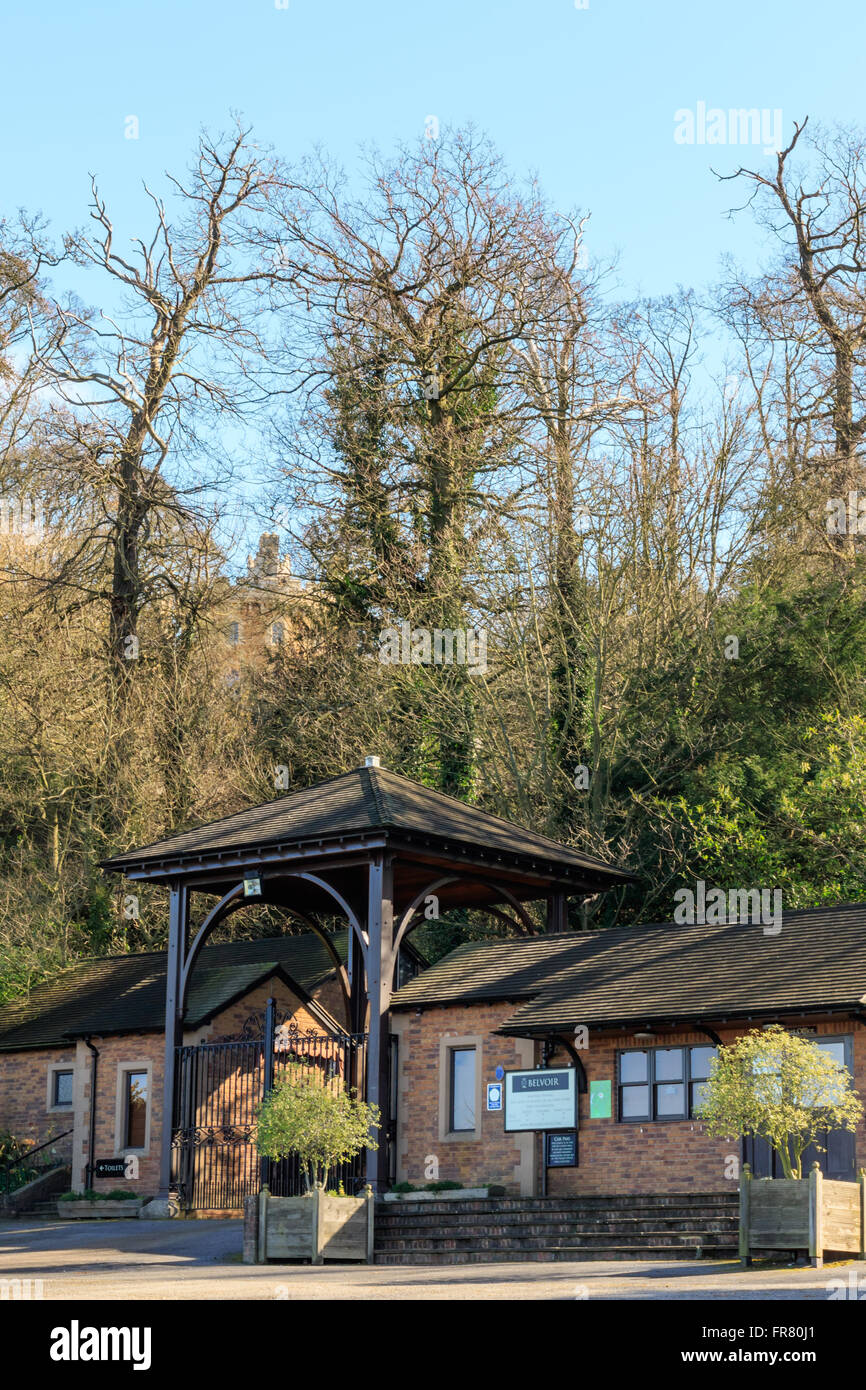 Belvoir Castle visitors entrance with the castle in the background car park , tea room and cafe Stock Photo