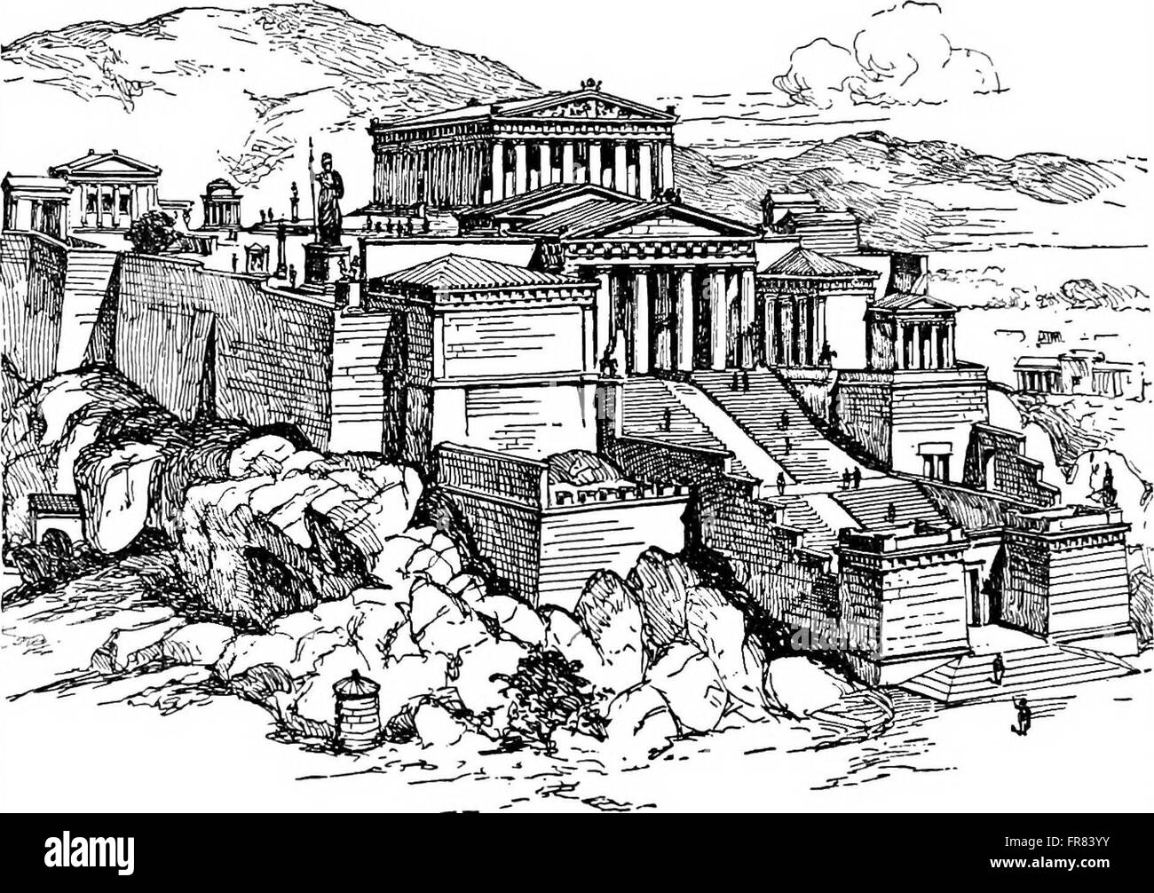 Акрополь в древней греции реконструкция. Афинский акрополь в древней греции. Афинский акрополь гравюры. Древние афины акрополь реконструкция. Рисунок города афины.