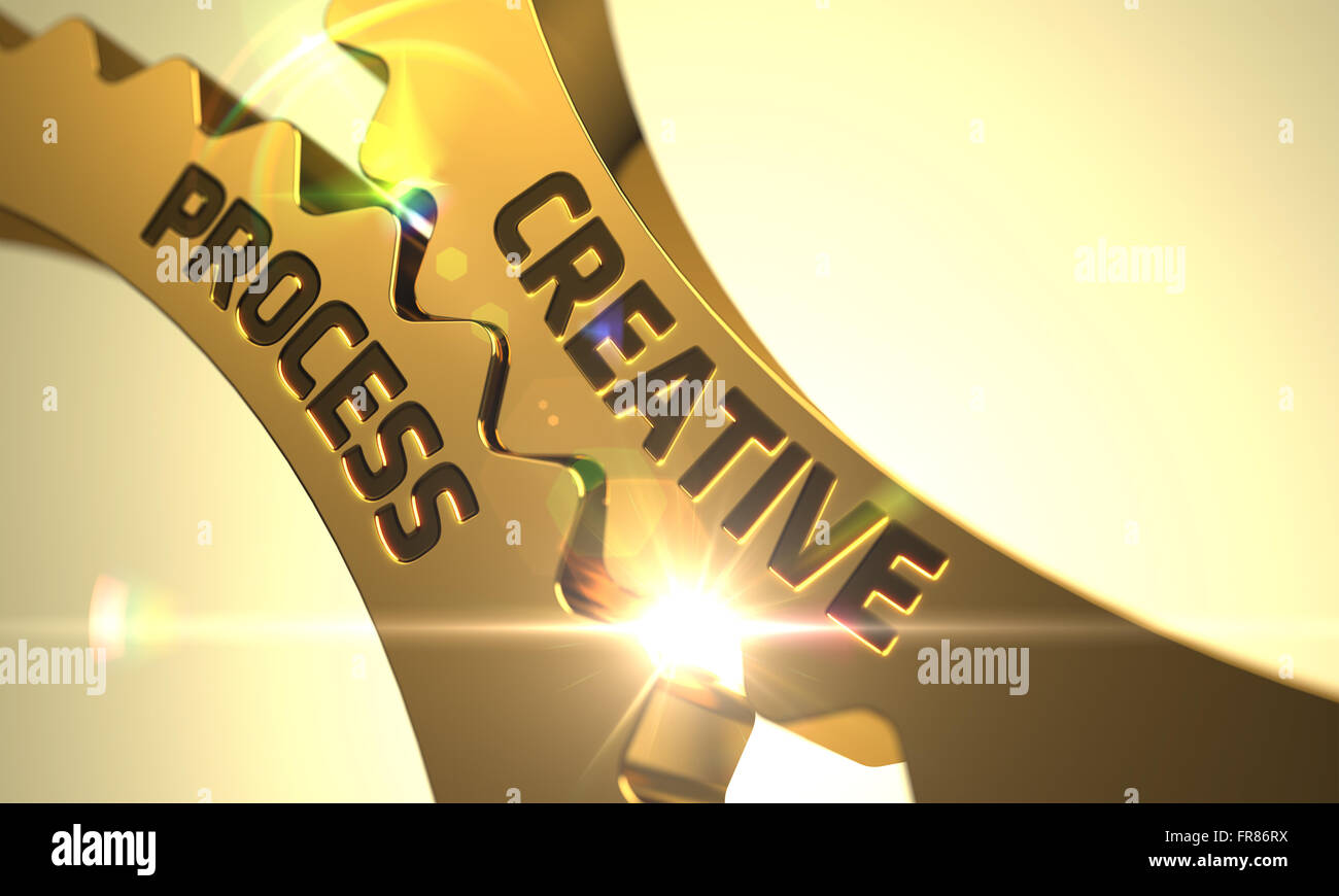 Creative Process Concept. Golden Cog Gears. Stock Photo