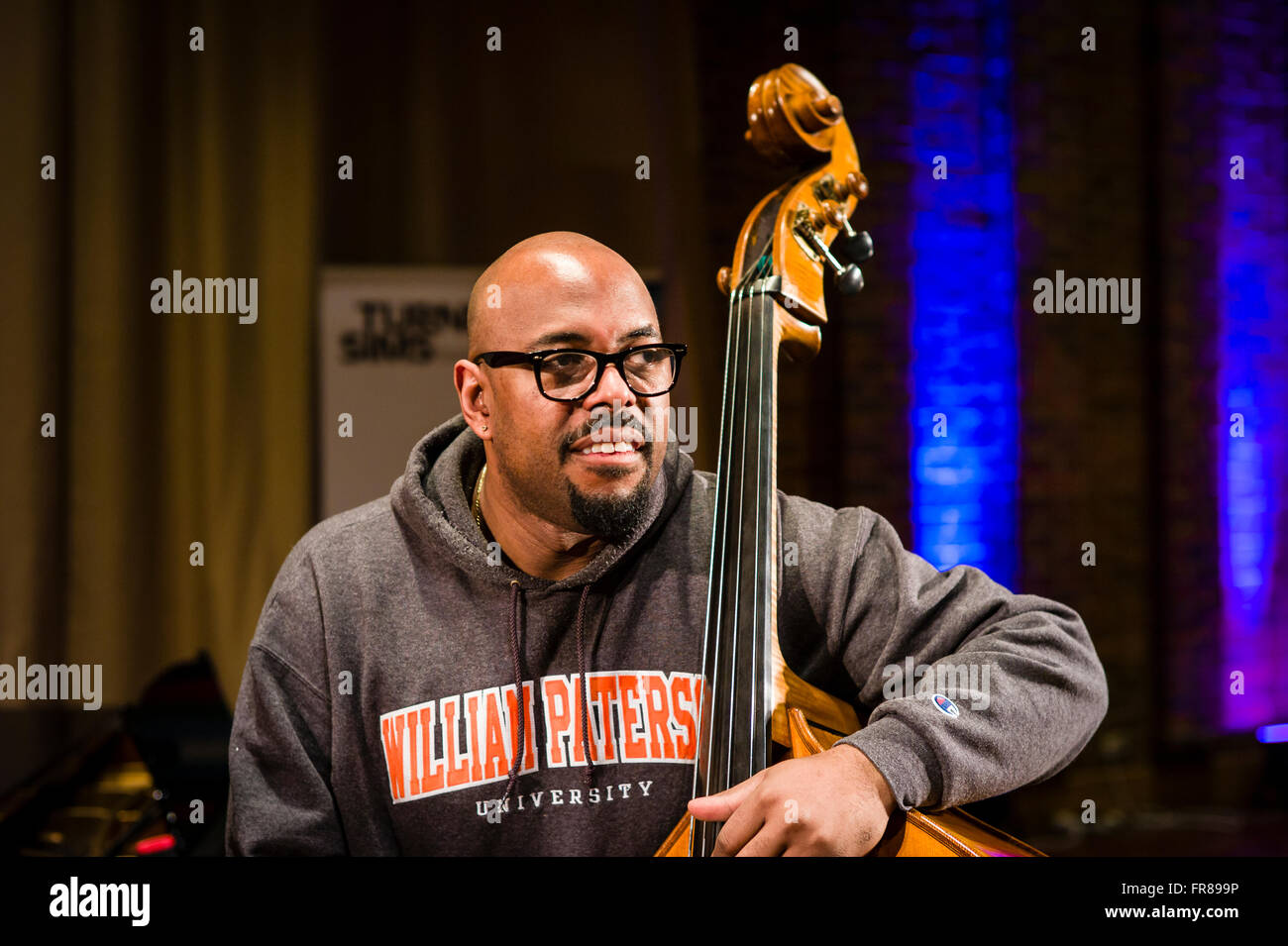 American bass player Christian McBride at soundchecks at the Turner Sims Concert Hall in Southampton, England. Stock Photo