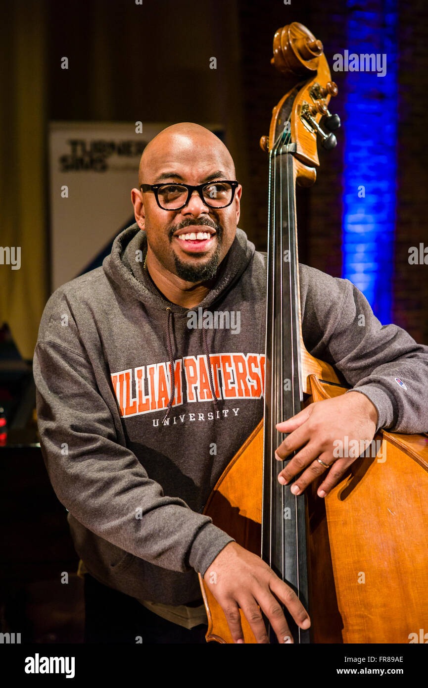 American bass player Christian McBride at soundchecks at the Turner Sims Concert Hall in Southampton, England. Stock Photo