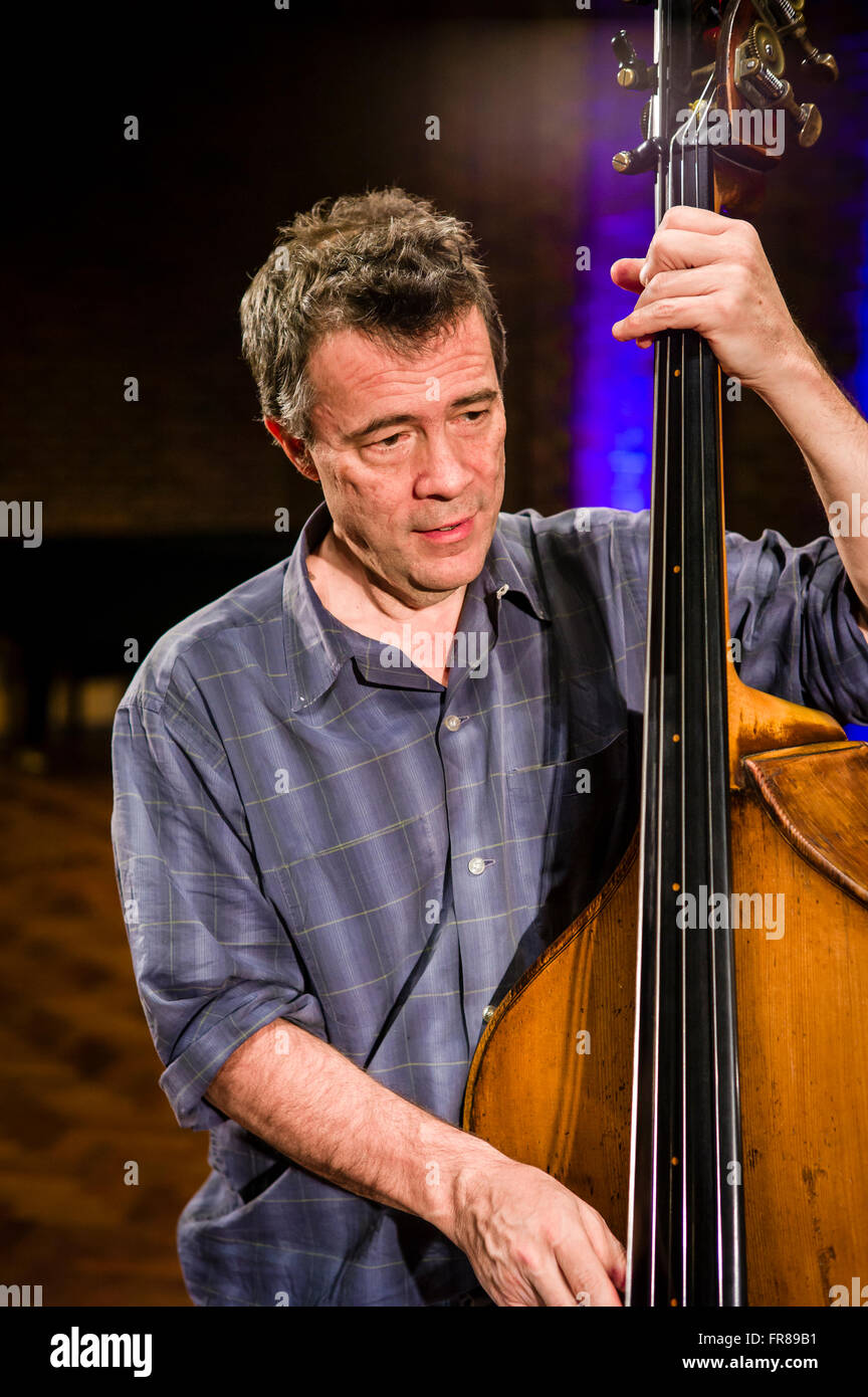 American bass player Edgar Meyer at soundchecks at the Turner Sims