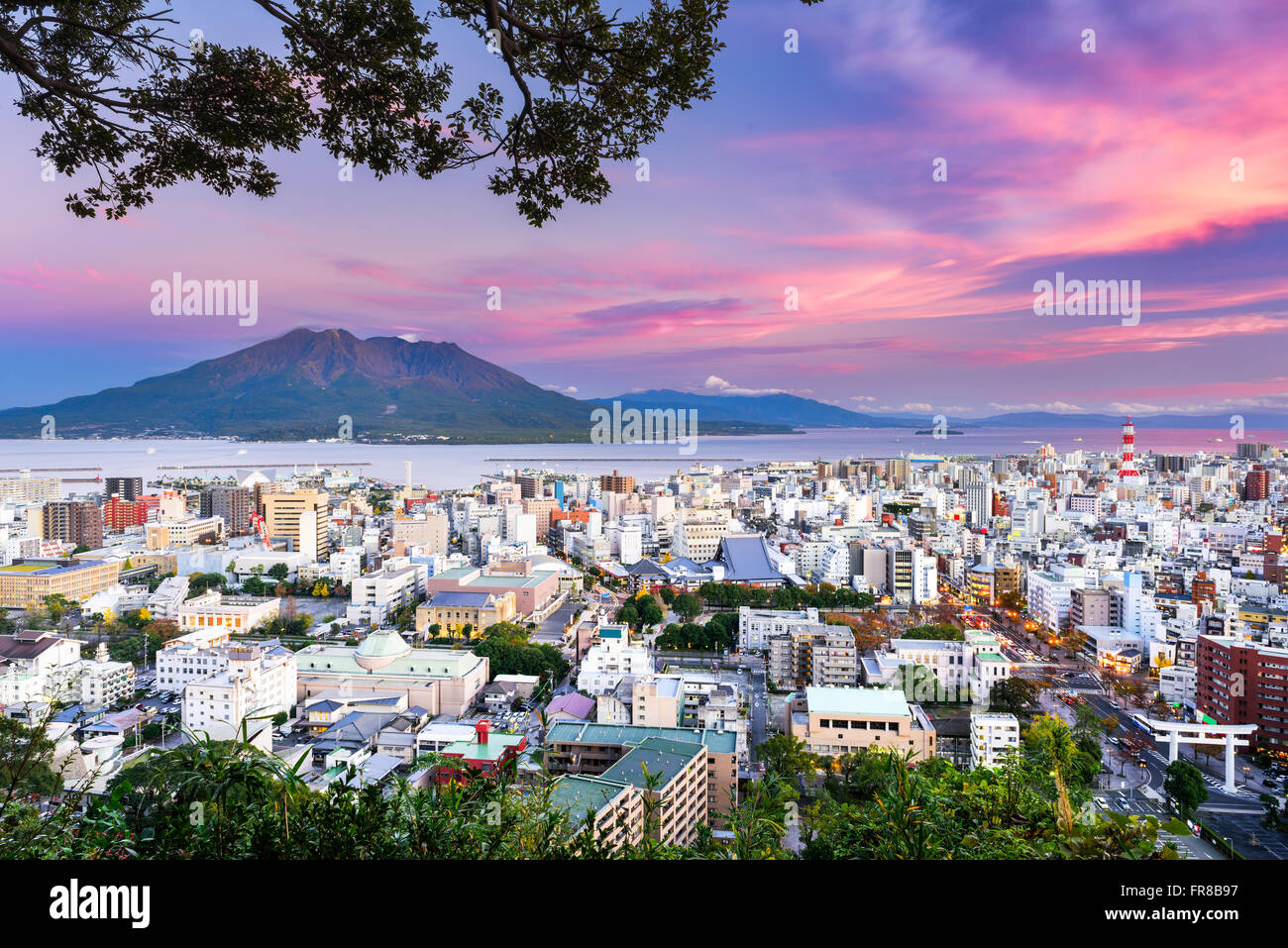 Kagoshima, Japan with Sakurajima Volcano. Stock Photo