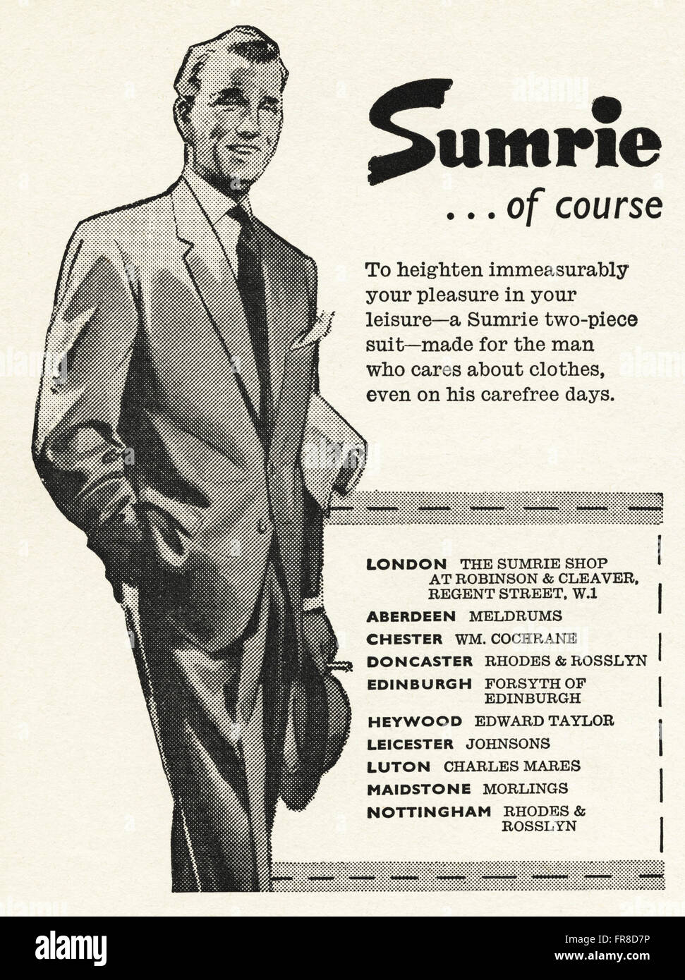 Original vintage advert from 1950s. Advertisement dated 1959 advertising SUMRIE suits for men. Stock Photo