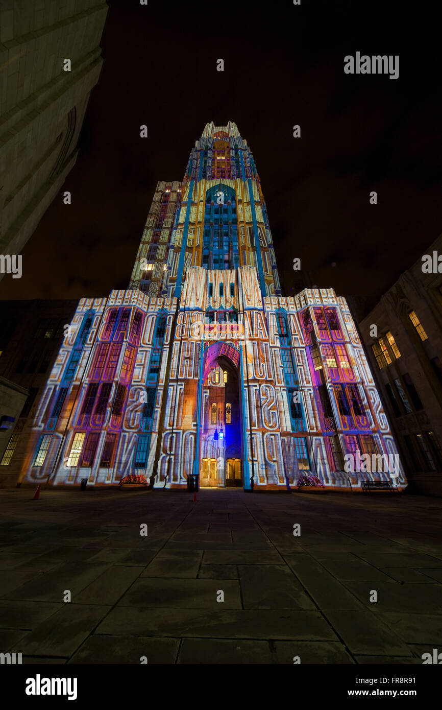 Illumination of Cathedral of Learning, Pittsburgh by German artists' team Casa Magica 2008, titled 'Gutenberg' Stock Photo