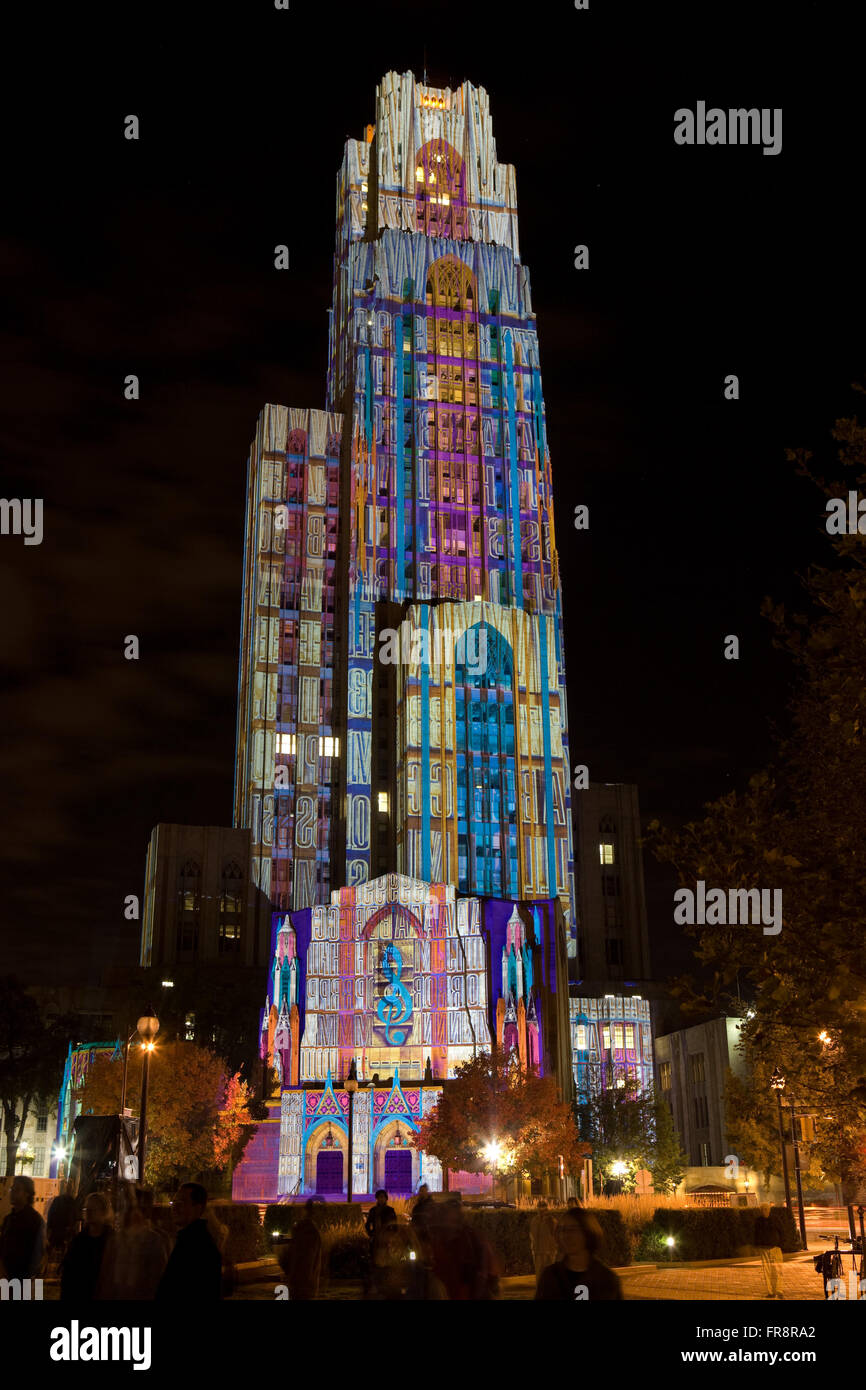Illumination of Cathedral of Learning, Pittsburgh by German artists' team Casa Magica 2008, titled 'Gutenberg' Stock Photo
