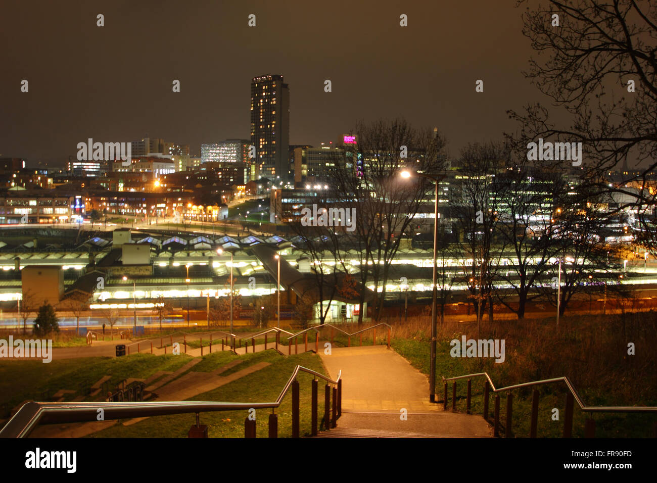 The skyline of Sheffield city centre seen from South Street Park above the city's main rail station, South Yorkshire, England UK Stock Photo