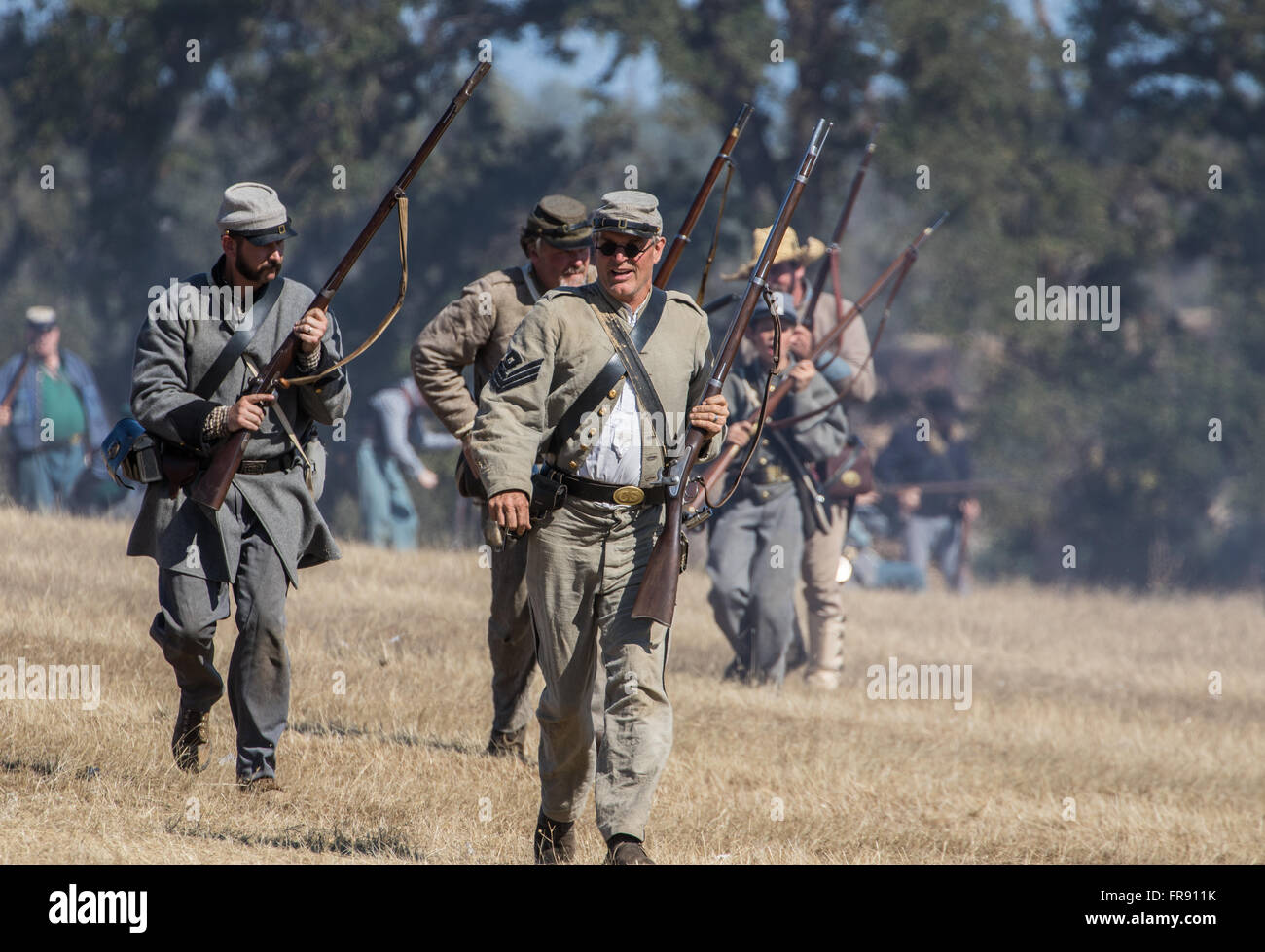 Confederate Soldiers in Action at an American Civil War Reenactment at