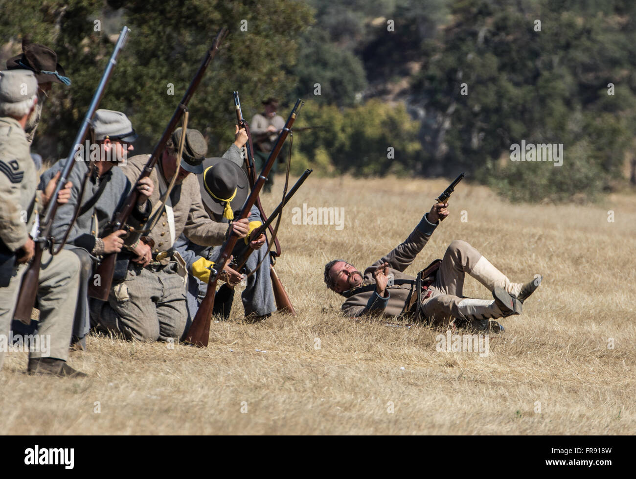 Confederate Soldiers in Action at an American Civil War Reenactment at