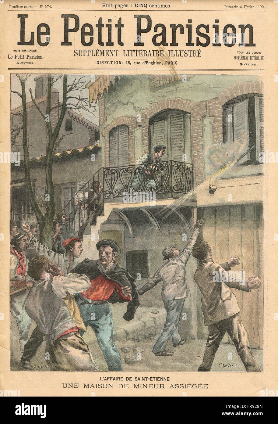 A working miners house attacked Saint Etienne, France 1900.  French illustrated newspaper Le Petit Parisien illustration Stock Photo