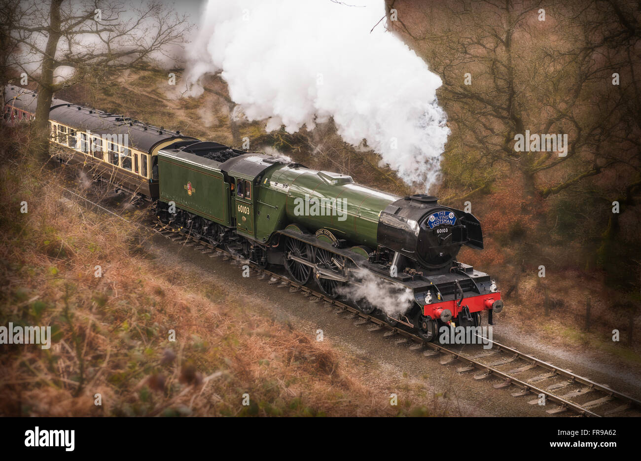 The Flying Scotsman traveling between Grosmont and Goathland on the North Yorkshire Moors heritage railway. Stock Photo