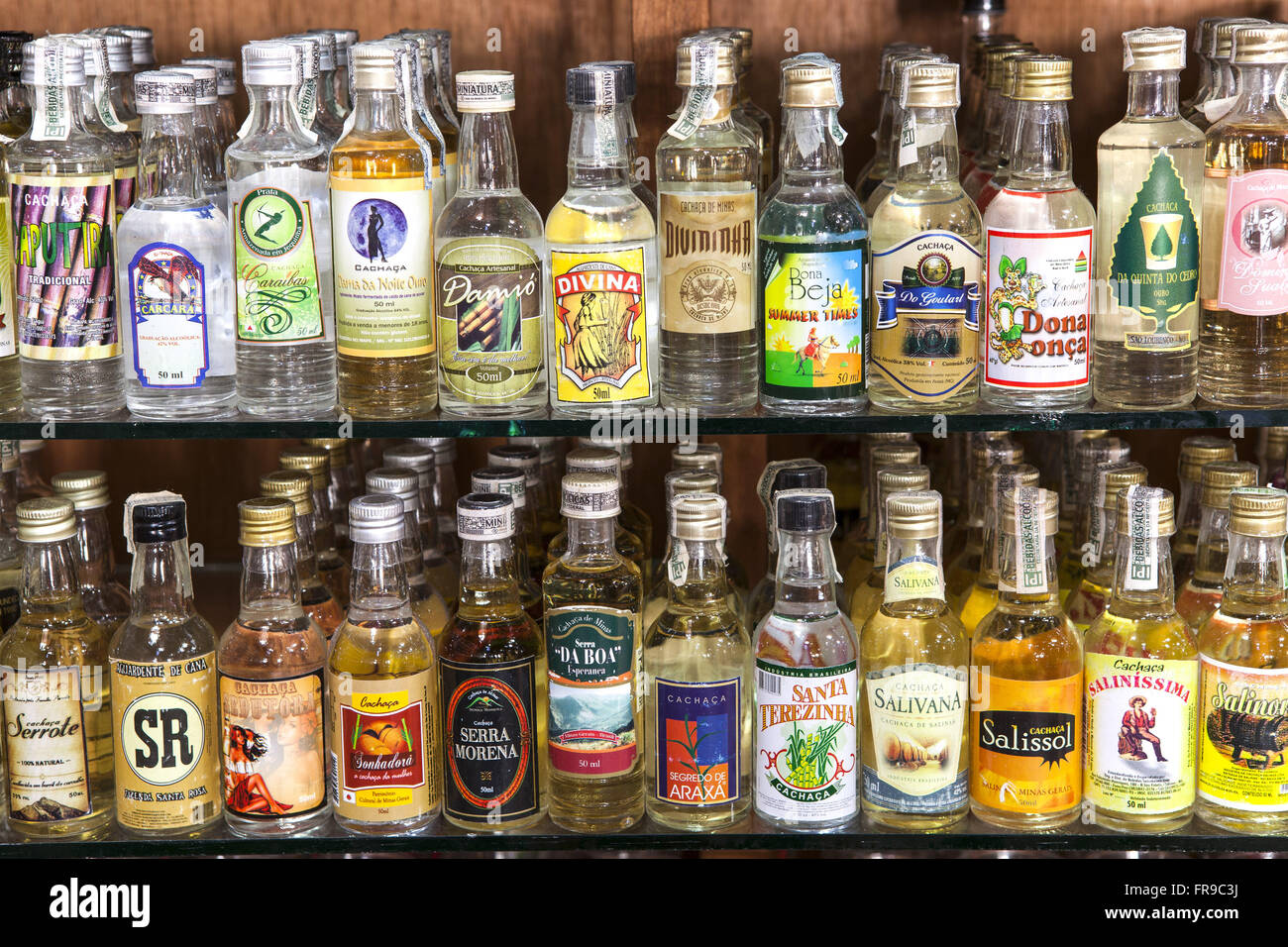 Cachaças in mini-bottles for sale Stock Photo