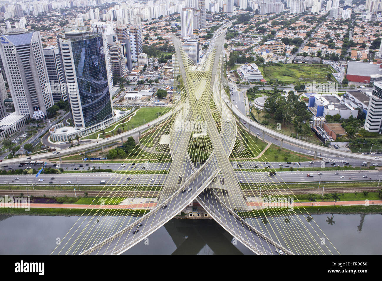 Aerial view of the Cable-Stayed Bridge Octavio Frias de Oliveira on the river Pinheiros - Brooklin neighborhood Stock Photo