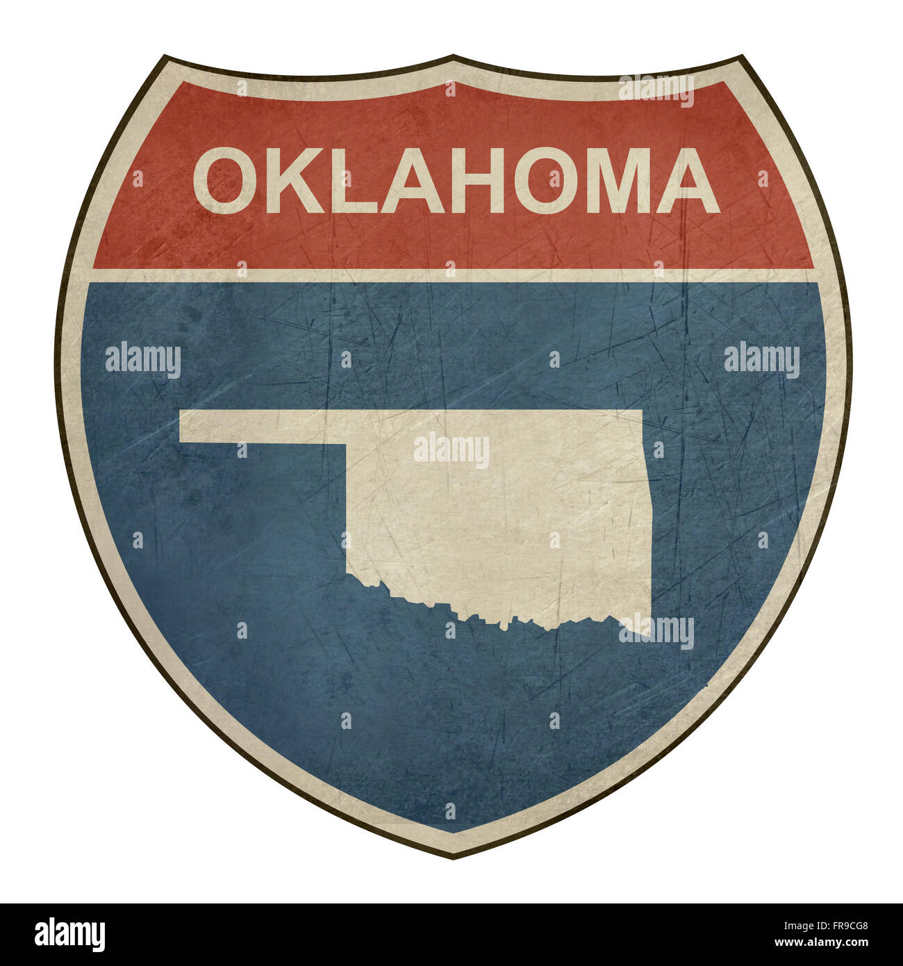 Grunge Oklahoma interstate highway road shield isolated on a white background. Stock Photo