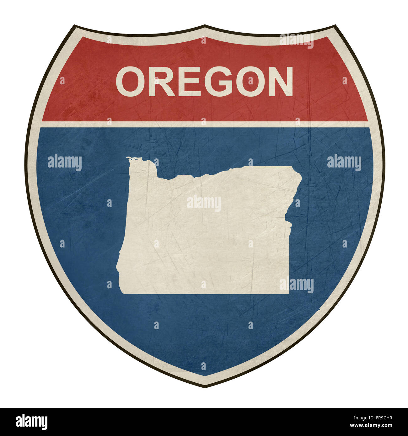 Grunge Oregon American interstate highway road shield isolated on a white background. Stock Photo