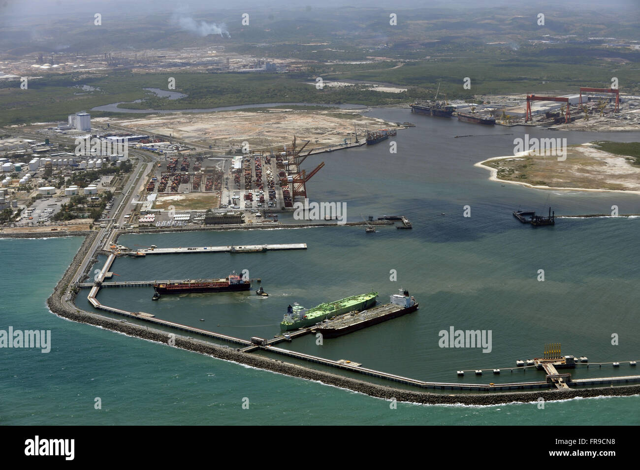 Aerial view of Port of Suape the bottom right Atlantico Sul Shipyard Stock Photo