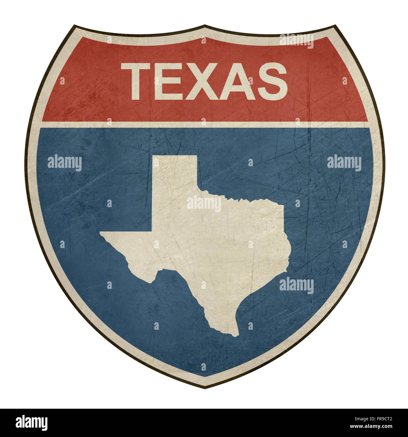 Grunge Texas American interstate highway road shield isolated on a white background. Stock Photo