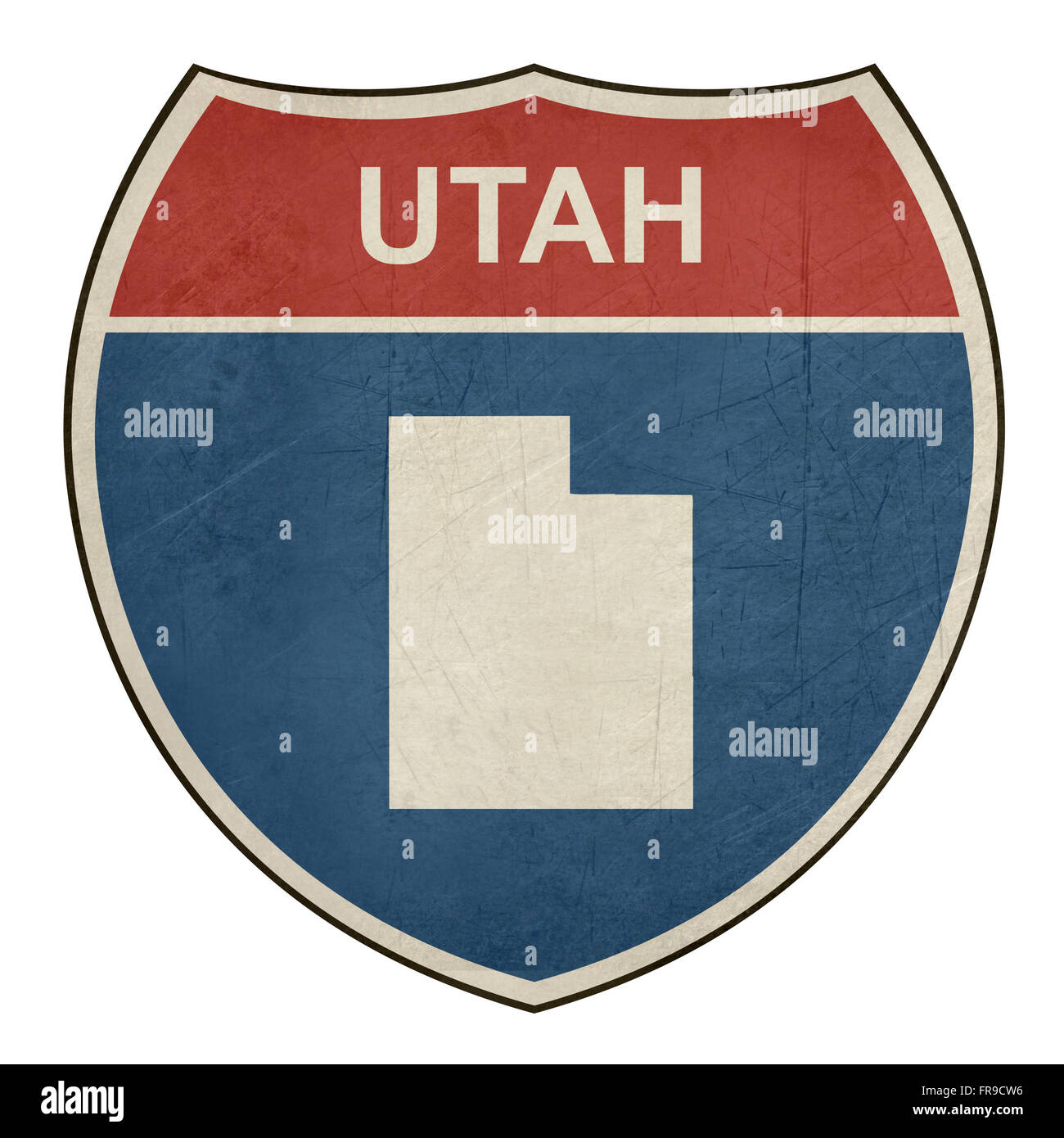Grunge Utah American interstate highway road shield isolated on a white background. Stock Photo