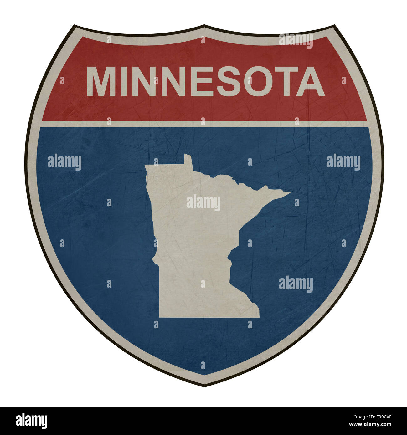 Grunge Minnesota American interstate highway road shield isolated on a white background. Stock Photo