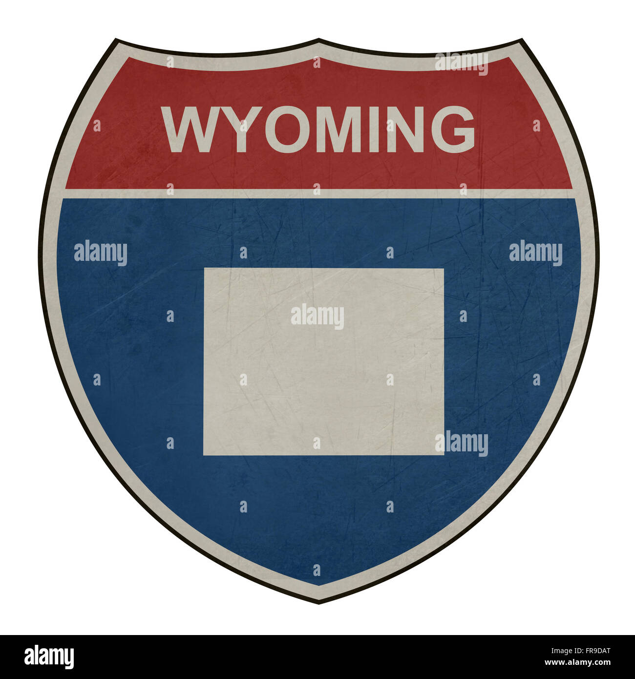 Grunge Wyoming American interstate highway road shield isolated on a white background. Stock Photo