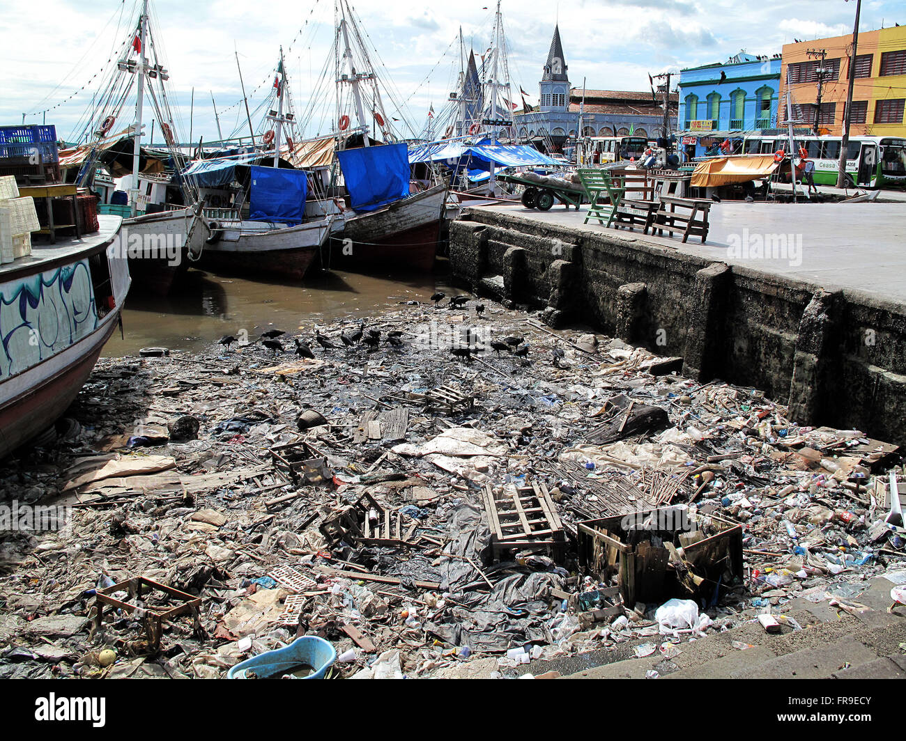 Garbage accumulated in the dock of the port of Ver-o-Peso in the Bay of ...