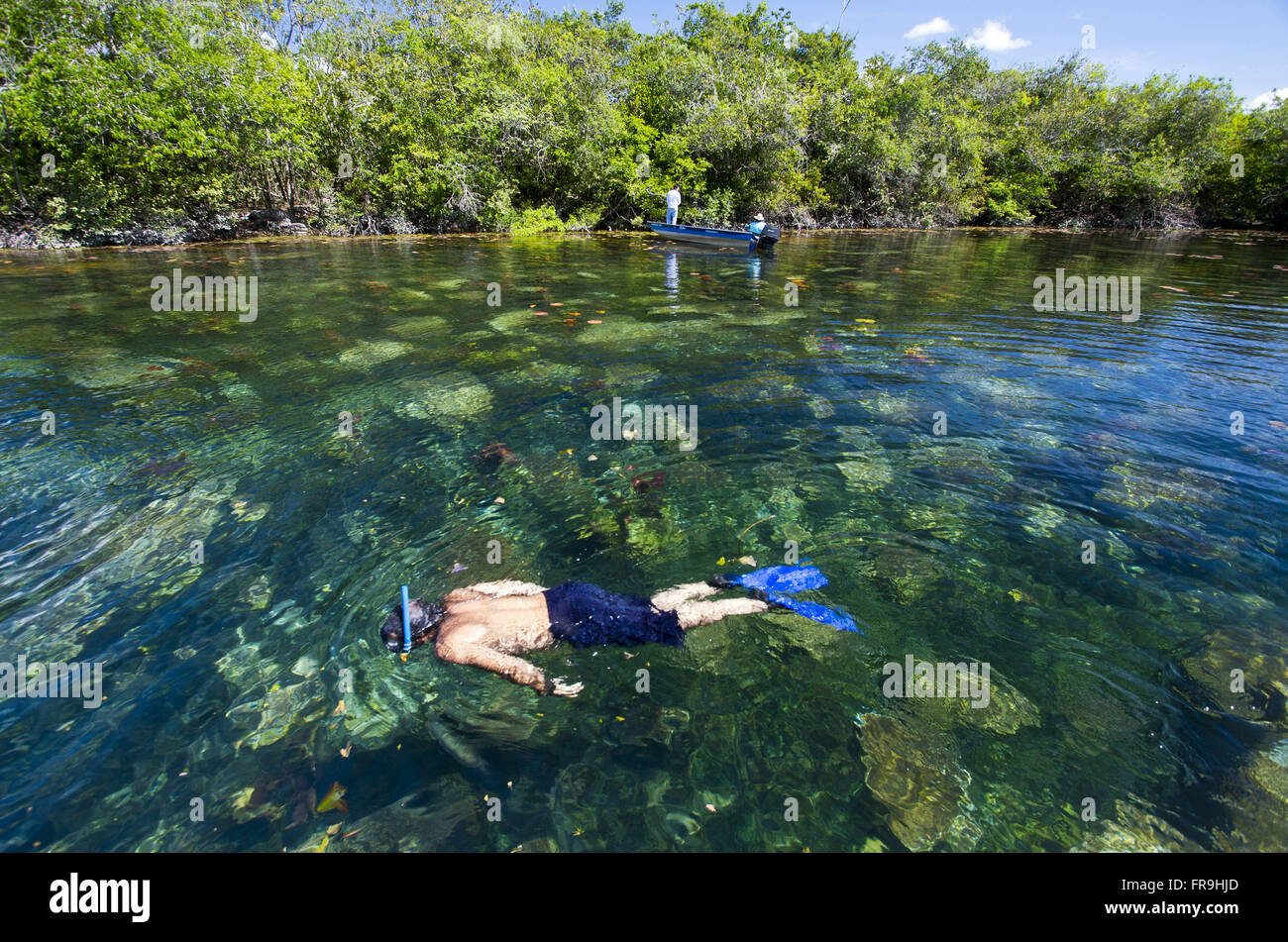 Person diving in the Blue Lagoon in Indigenous Reserve Kayabi - Caiabi tribe Stock Photo