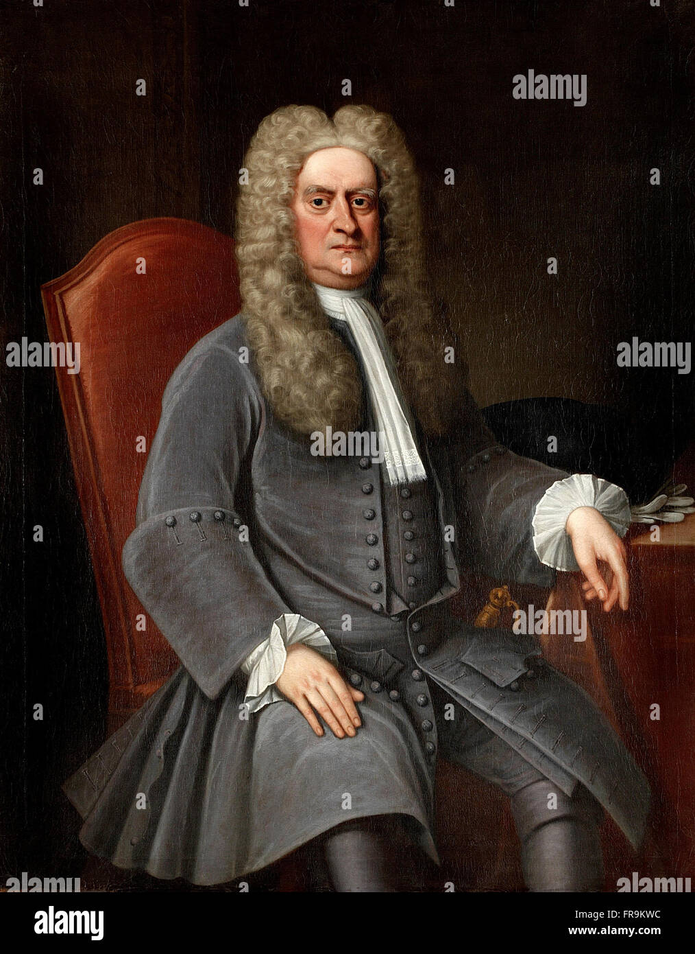 Portrait of Sir Isaac Newton, oil on canvas [M. Keynes, Iconography of Sir Isaac Newton, X]. Seen here between 1715 to 1720.  Sir Isaac Newton PRS -  25 December 1642 – 20 March 1726/27 was an English physicist and mathematician who is widely recognised as one of the most influential scientists of all time and a key figure in the scientific revolution, Stock Photo