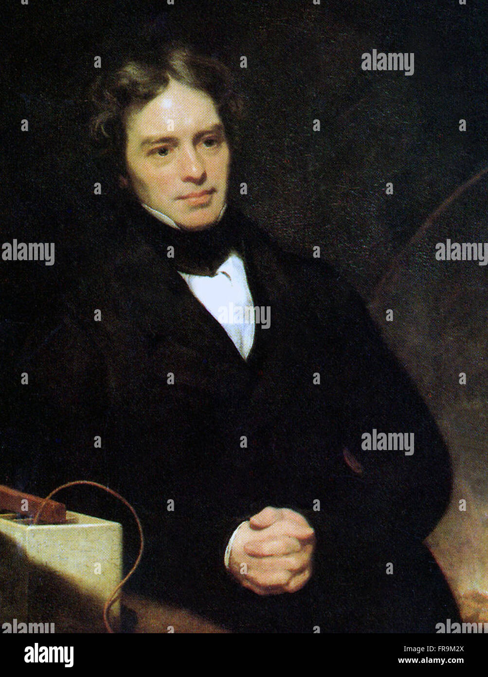 Portrait of Michael Faraday in 1842, oil on canvas by artist Thomas Phillips.  Michael Faraday - 22 September 1791 – 25 August 1867 was an English scientist who contributed to the fields of electromagnetism and electrochemistry. His main discoveries include those of electromagnetic induction, diamagnetism and electrolysis. Stock Photo