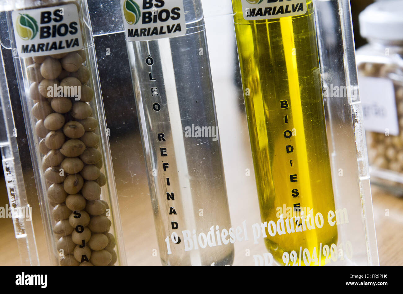 Bottles with samples of bio-oil and biodiesel at Petrobras Stock Photo