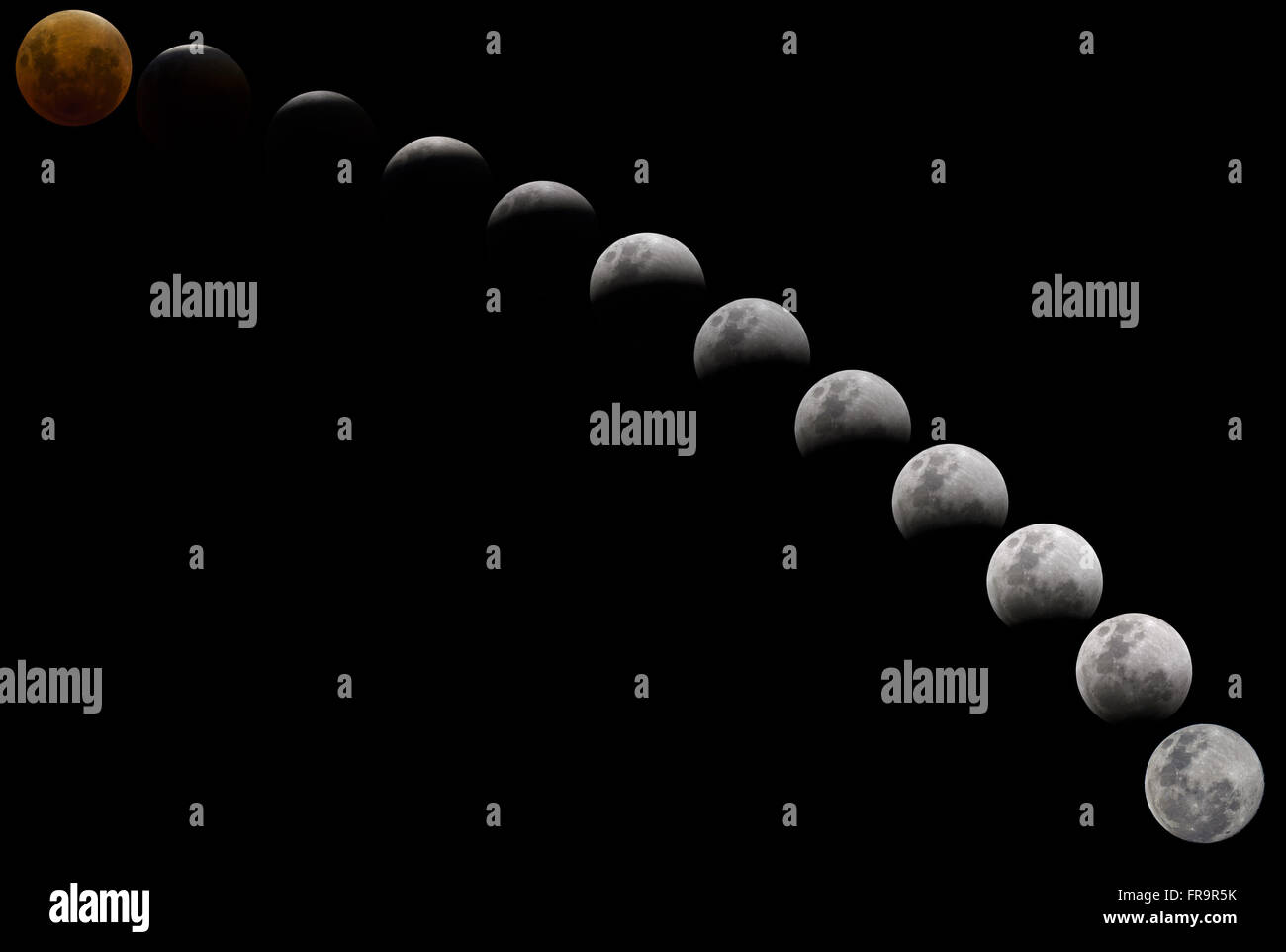 Montagem com sequência de 12 fotos do eclipse total da lua Stock Photo