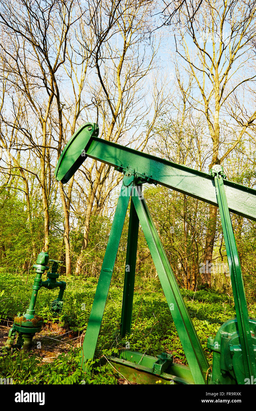 Oil derrick pump at Dukes Wood Oil Museum, Eakring, Nottinghamshire, England, UK. Stock Photo