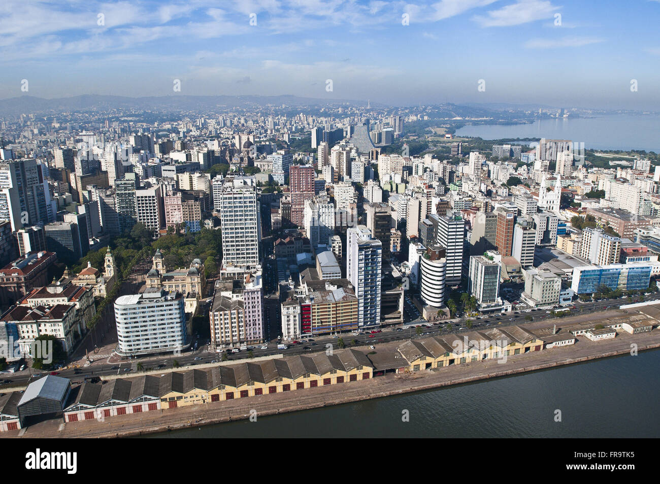 Aerial view of the port area on the banks of the Guaiba River and city in the background Stock Photo
