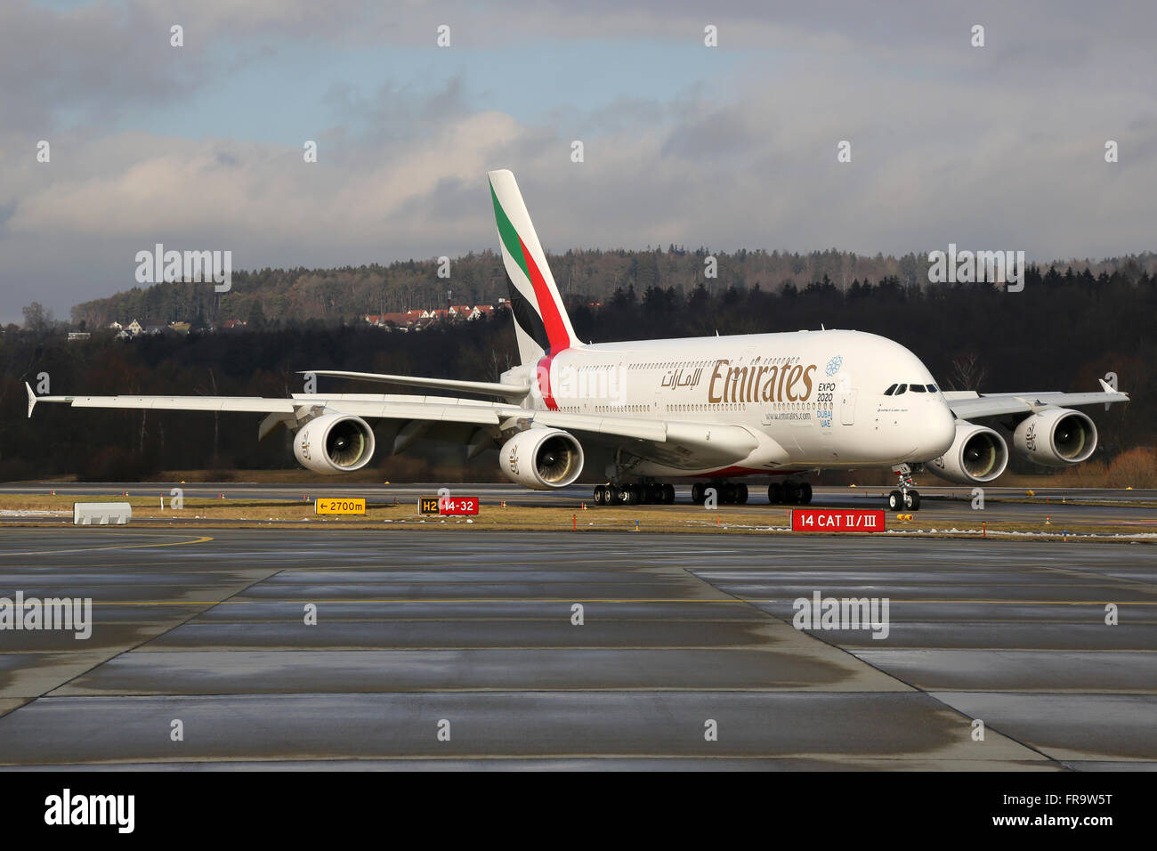 Zurich, Switzerland - January 23, 2016: An Emirates Airbus A380 with the  registration A6-EEW taxis at Zurich Airport (ZRH) in Sw Stock Photo - Alamy