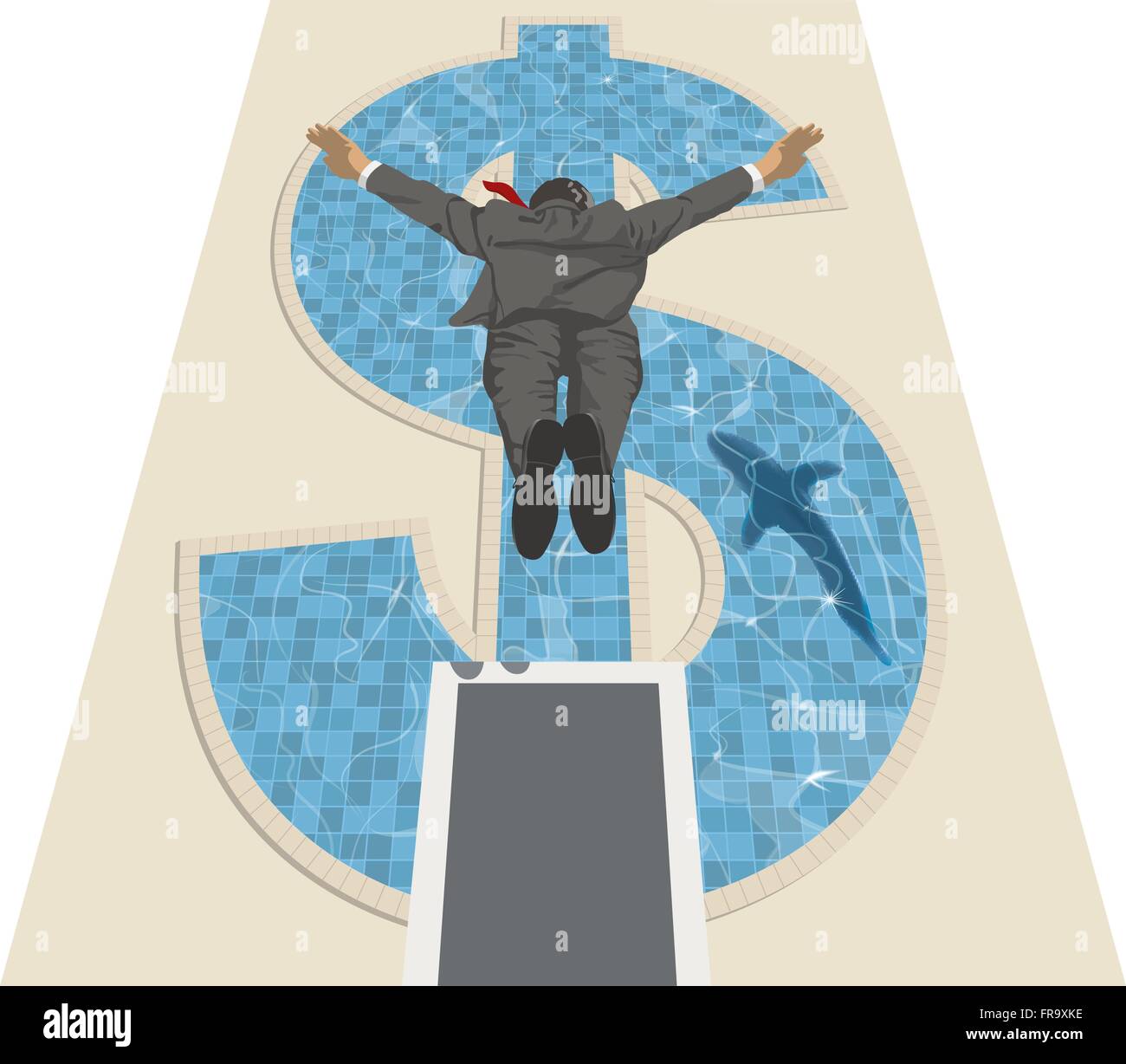 A Businessman Jumping Off Diving Board Into Swimming Pool Shaped Like Dollar Sign A Businessman Jumping Off Diving Board Into Swimming Pool Shaped Like Dollar Sign