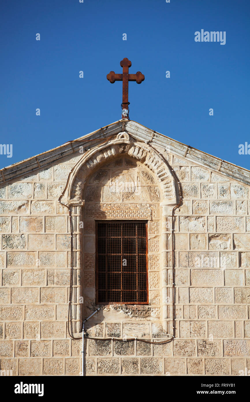St. Gabriel Church with cross against a blue sky; Nazareth, Israel Stock Photo