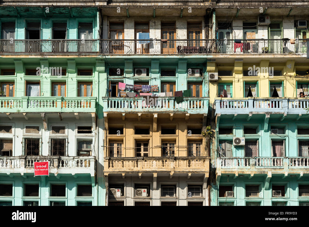 Colonial apartment buildings in downtown Yangon (Rangoon), Burma