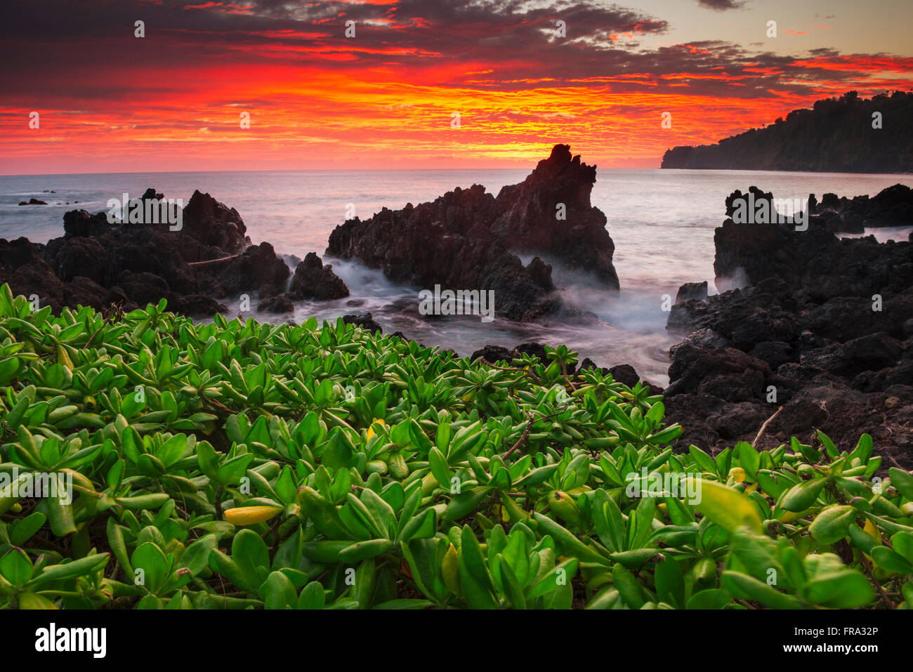 Sunrise over the ocean and coastline; Laupahoehoe, Island of Hawaii, Hawaii, United States of America Stock Photo