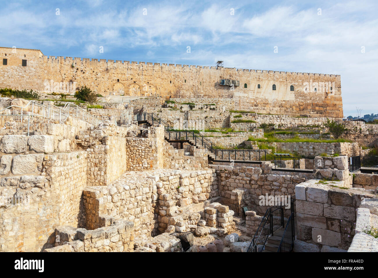 The three sealed-up arches in the southern wall of Jerusalem's Temple Mount mark the location of the ancient Huldah (Triple) Gate; Jerusalem, Israel Stock Photo