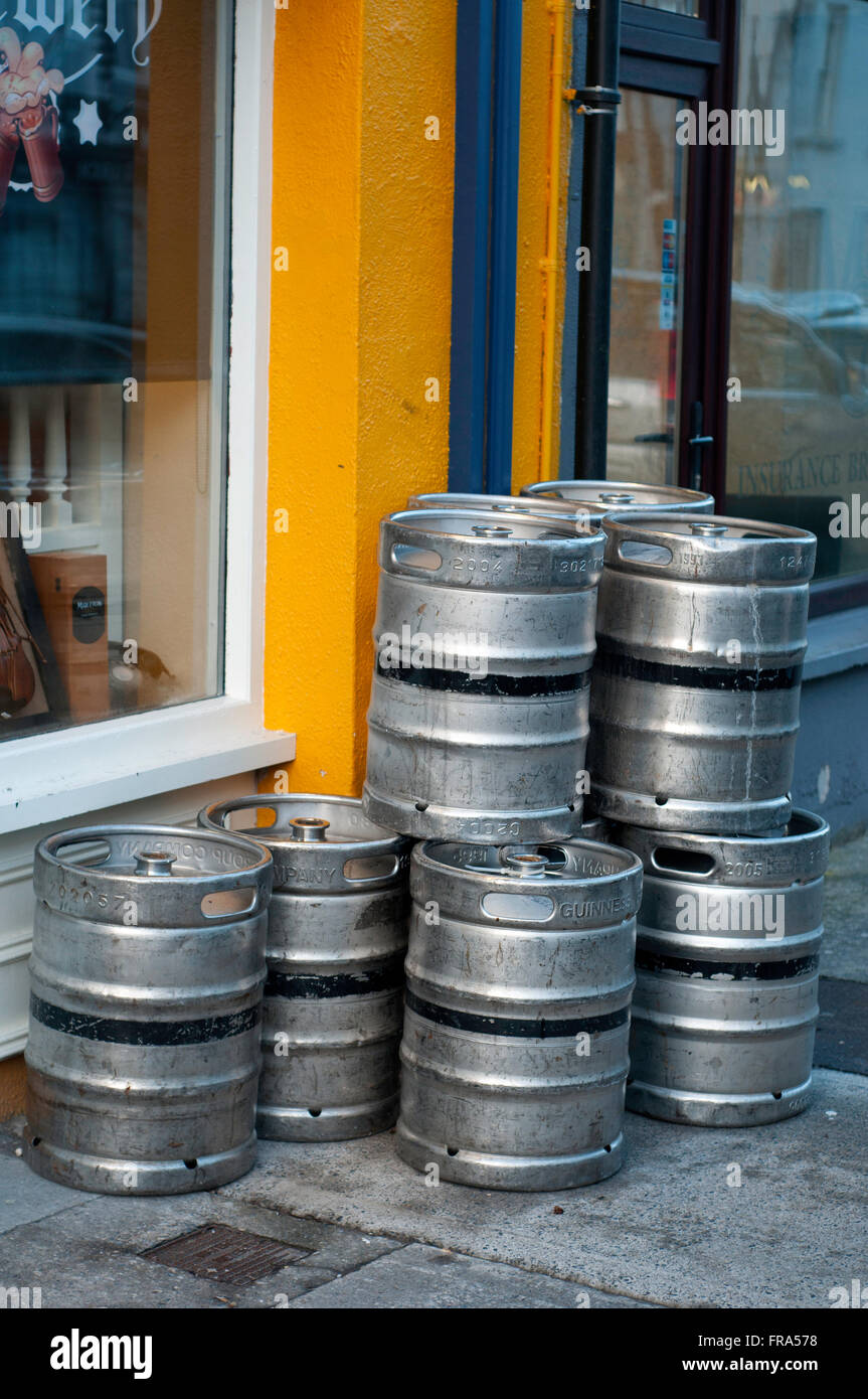 A stack of empty beer kegs in Westport, Ireland Stock Photo