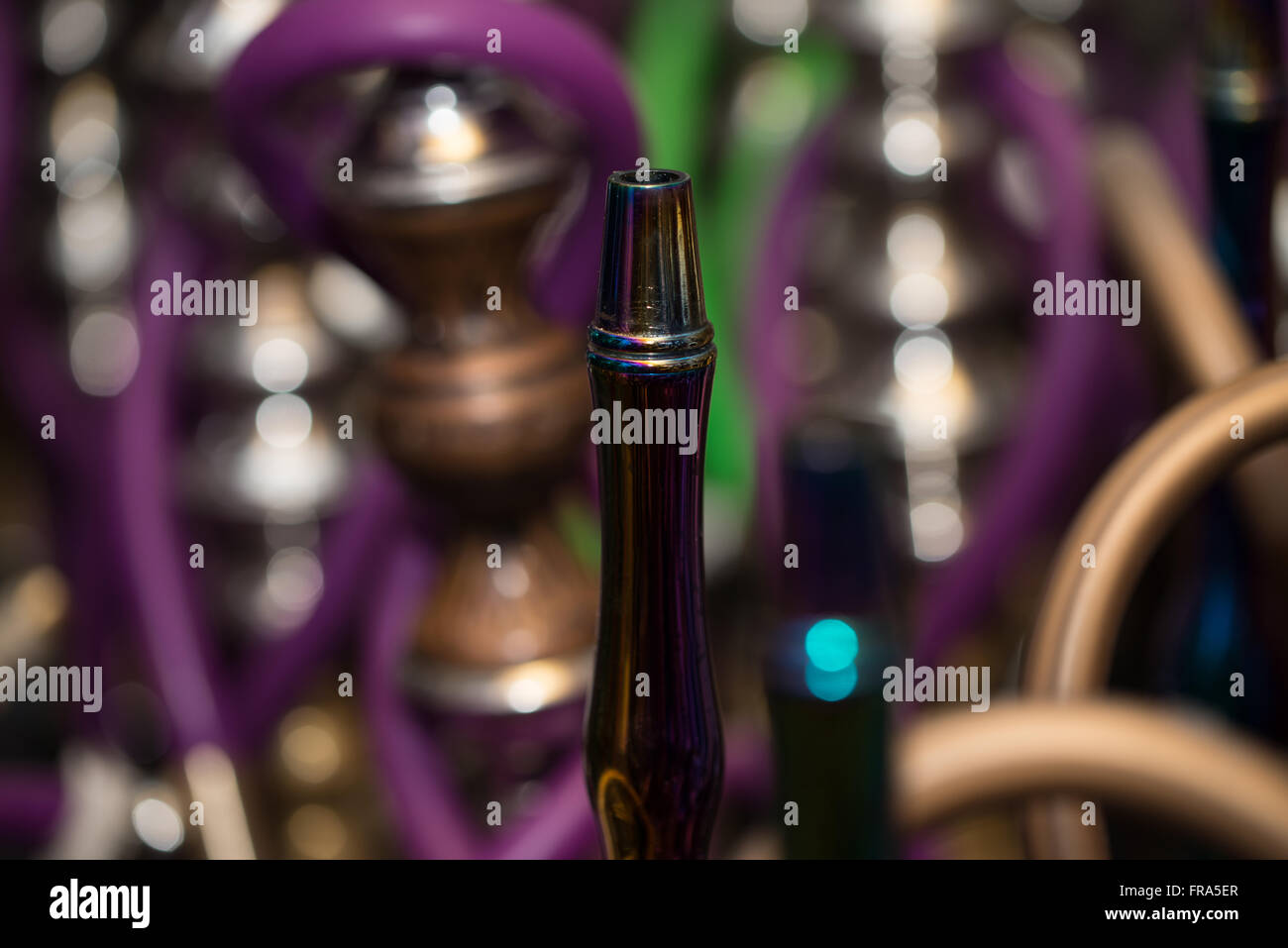 Close-up Of Several Hookahs Lined Up In A Cafe Bar Stock Photo