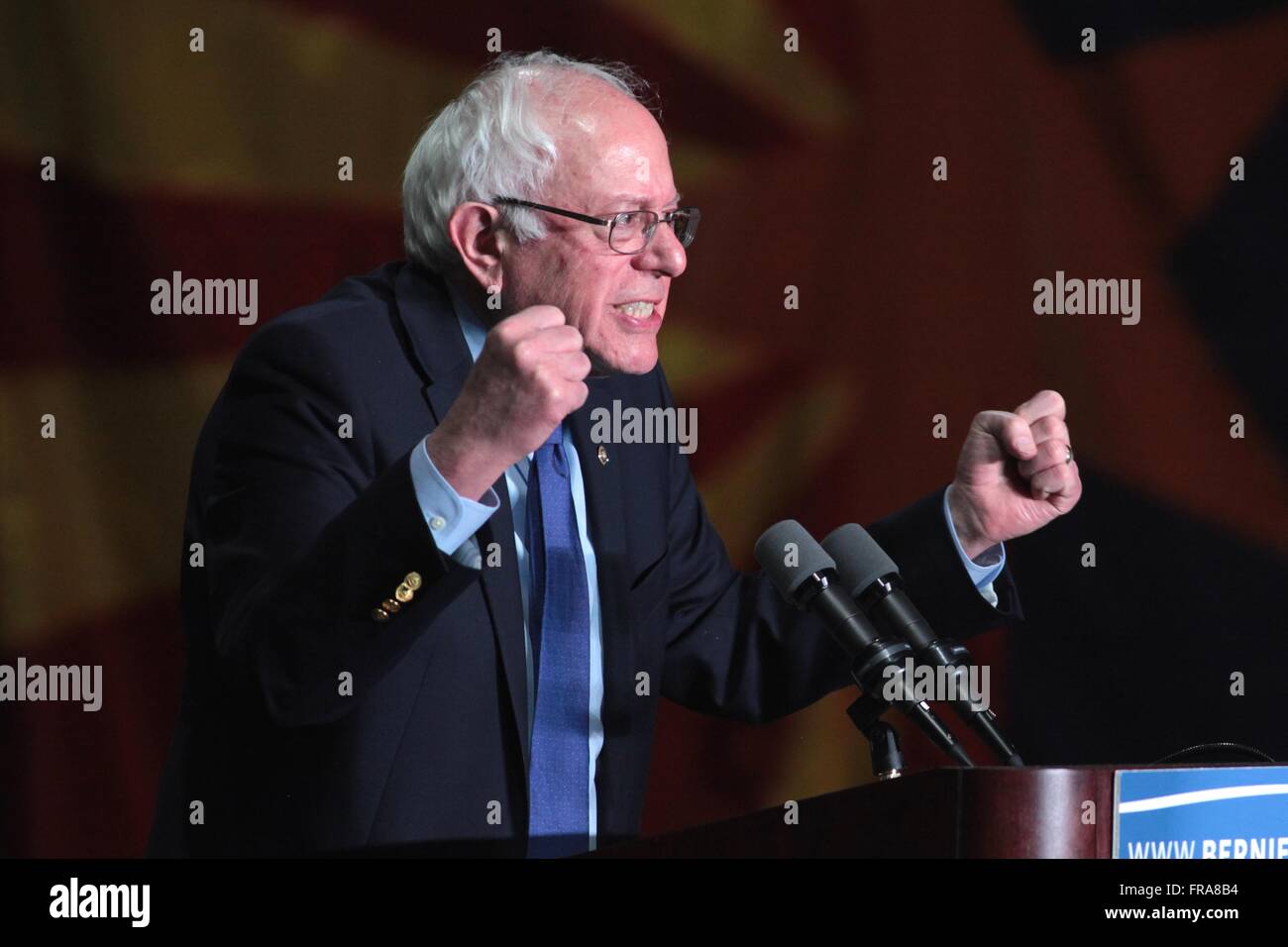 U.S. Senator and Democratic presidential candidate Bernie Sanders speaks to supporters during a campaign rally at the Phoenix Convention Center March 15, 2016 in Phoenix, Arizona. Stock Photo